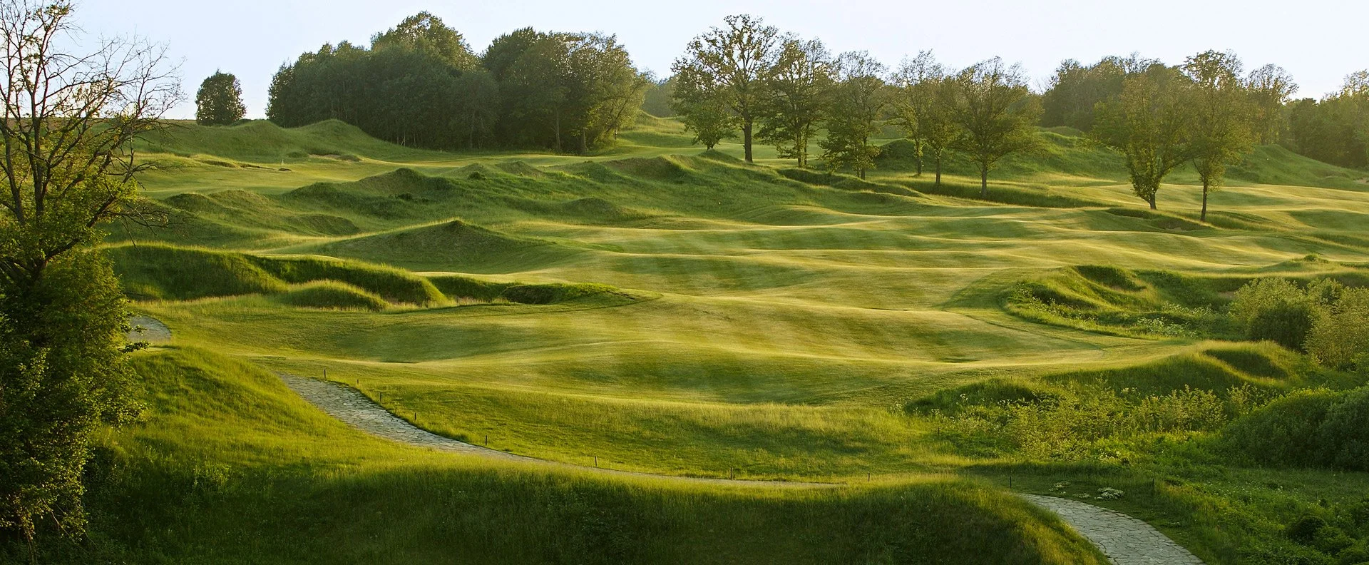 A lush golf course with rolling green hills and scattered trees, featuring a winding cart path.