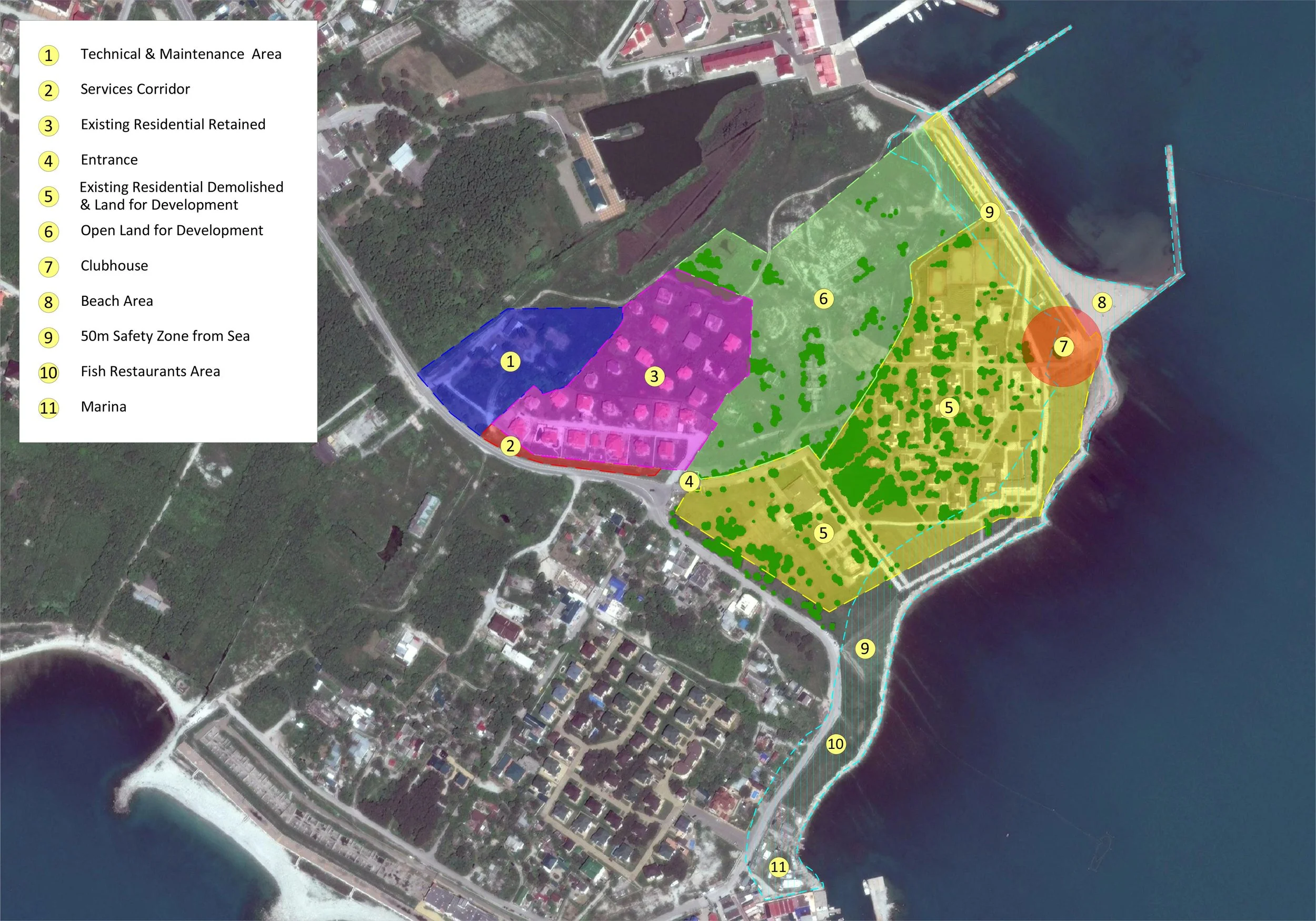 Satellite map of a coastal area with various zones marked and numbered, including technical and maintenance area, services corridor, residential areas, entrance, demolition zones, open land, clubhouse, beach, safety zone from sea, fish restaurants, and marina.