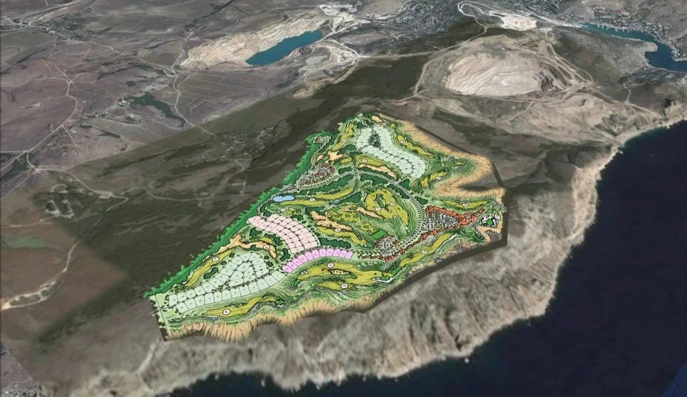 A detailed aerial concept map of a golf course development with various greens, fairways, and water features overlaid on a natural landscape with hills, bodies of water, and open terrain.