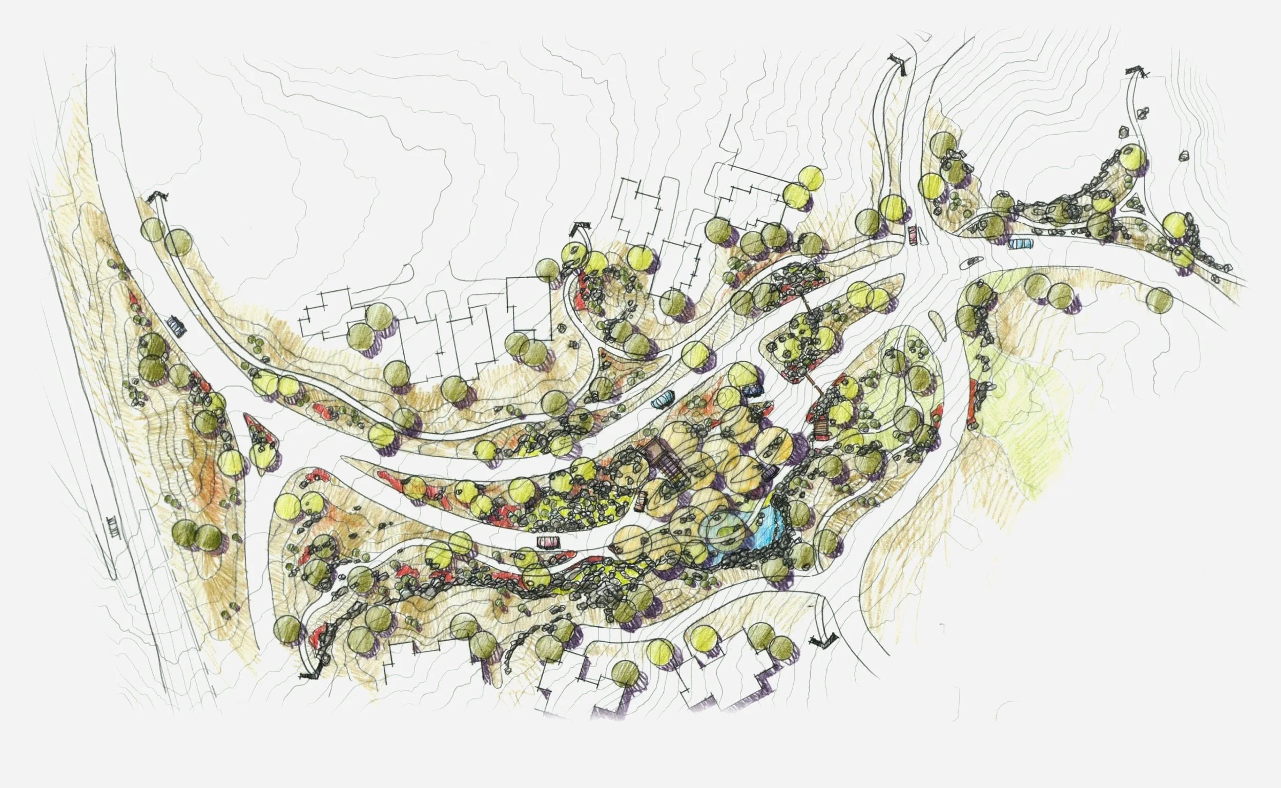 Landscape architectural rendering showing roads, trees, pathways, and residential buildings on a hilly terrain.