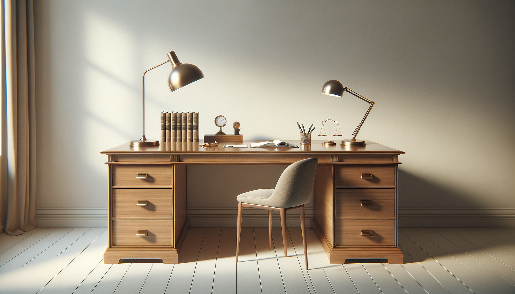 A wooden desk with leather handles, set in front of a plain light-colored wall, illuminated by sunlight from the left. The desk has two rows of drawers with three drawers each. On the desk are modern black and gold desk lamps, a stack of six books, a small clock, a globe, an open book, a metal pencil holder with pencils, and a set of gold scales. A beige upholstered chair with wooden legs is positioned in front of the desk.