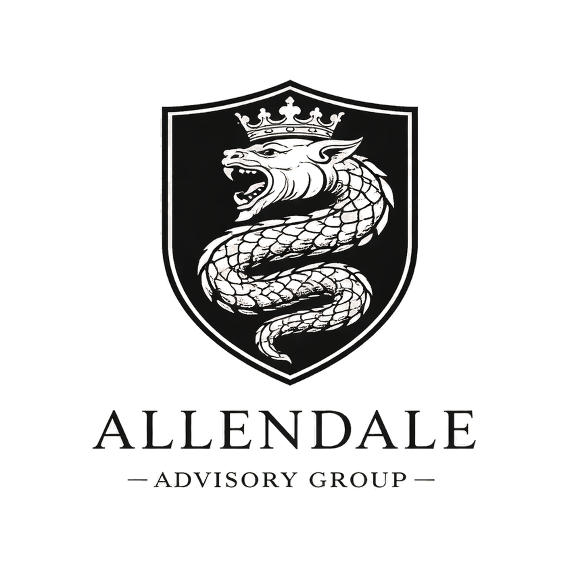 A black shield emblem featuring a silver dragon with a crown on its head. Below the emblem, the text reads 'ALLENDALE' in large, stylized font, and beneath that, the words 'ADVISORY GROUP' in smaller font.