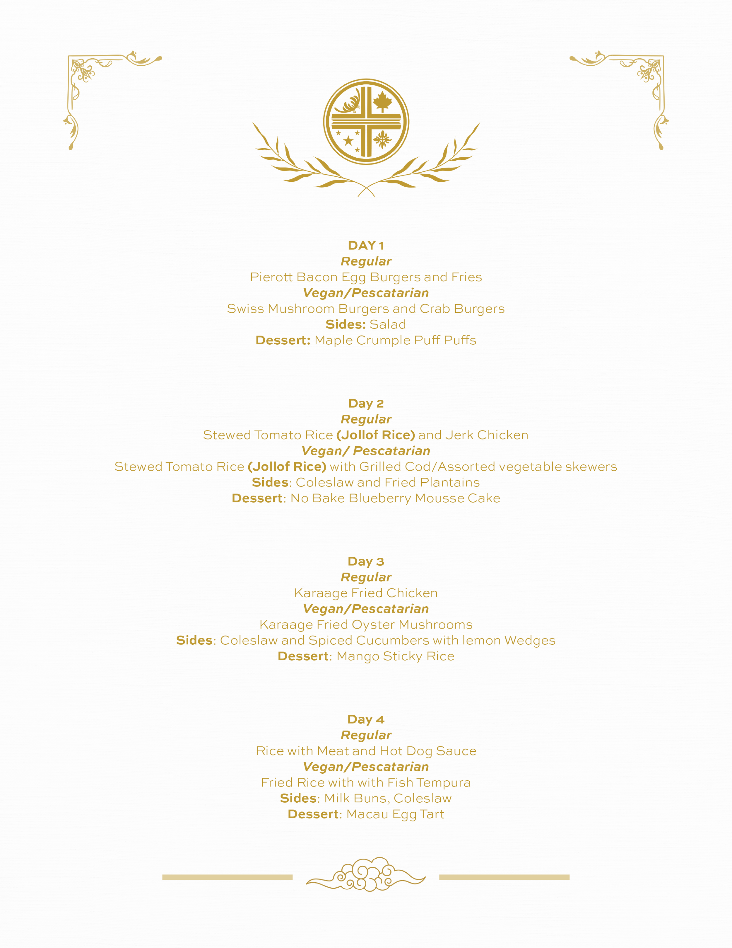 A menu with a gold and white theme, showing a four-day meal plan with detailed dishes and sides, featuring items like egg burgers, Swiss mushroom burgers, crab burgers, stewed tomato rice, karaage fried chicken, and various desserts.