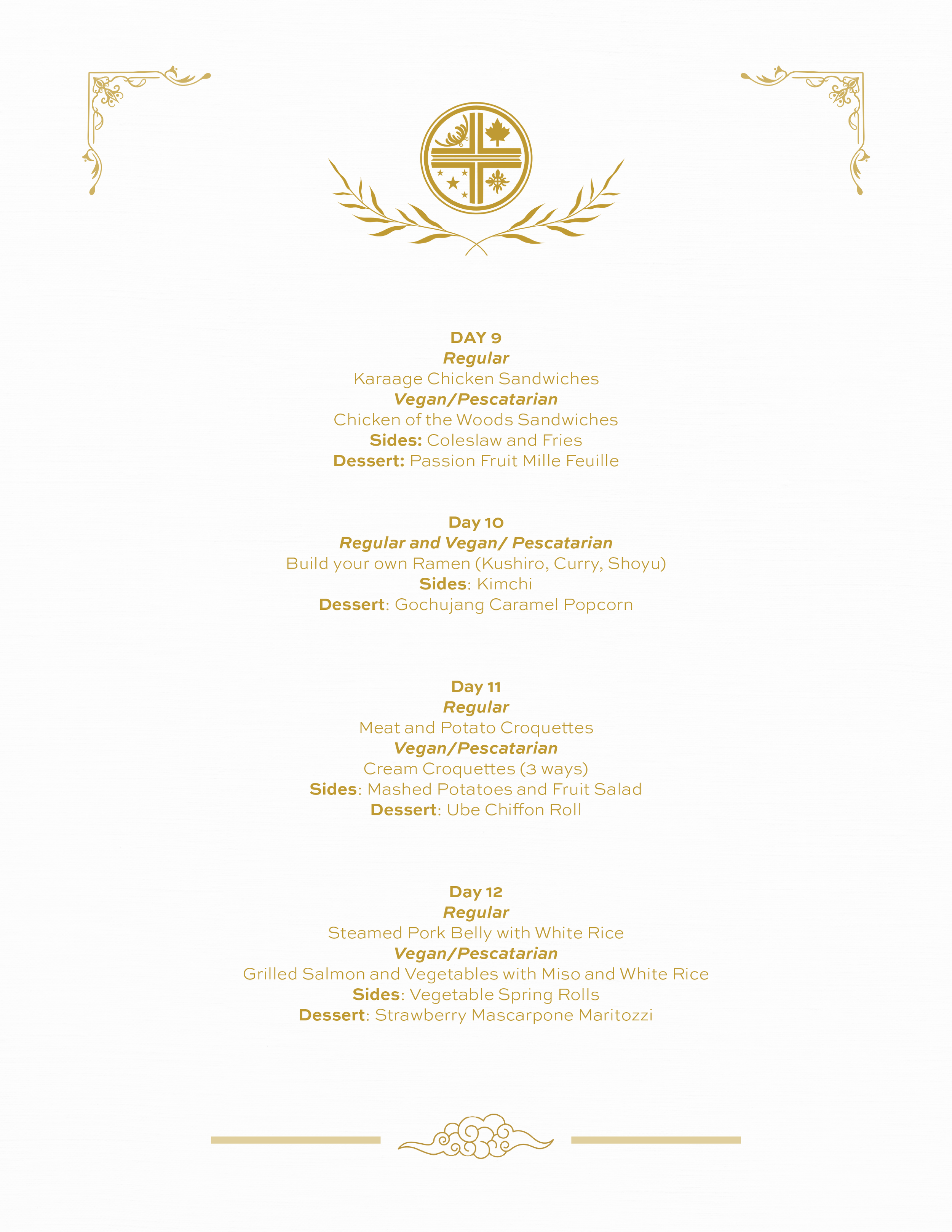 A menu page with gold decorative accents, featuring daily meal options including vegetarian and pescatarian dishes, with sides and desserts listed for each day.