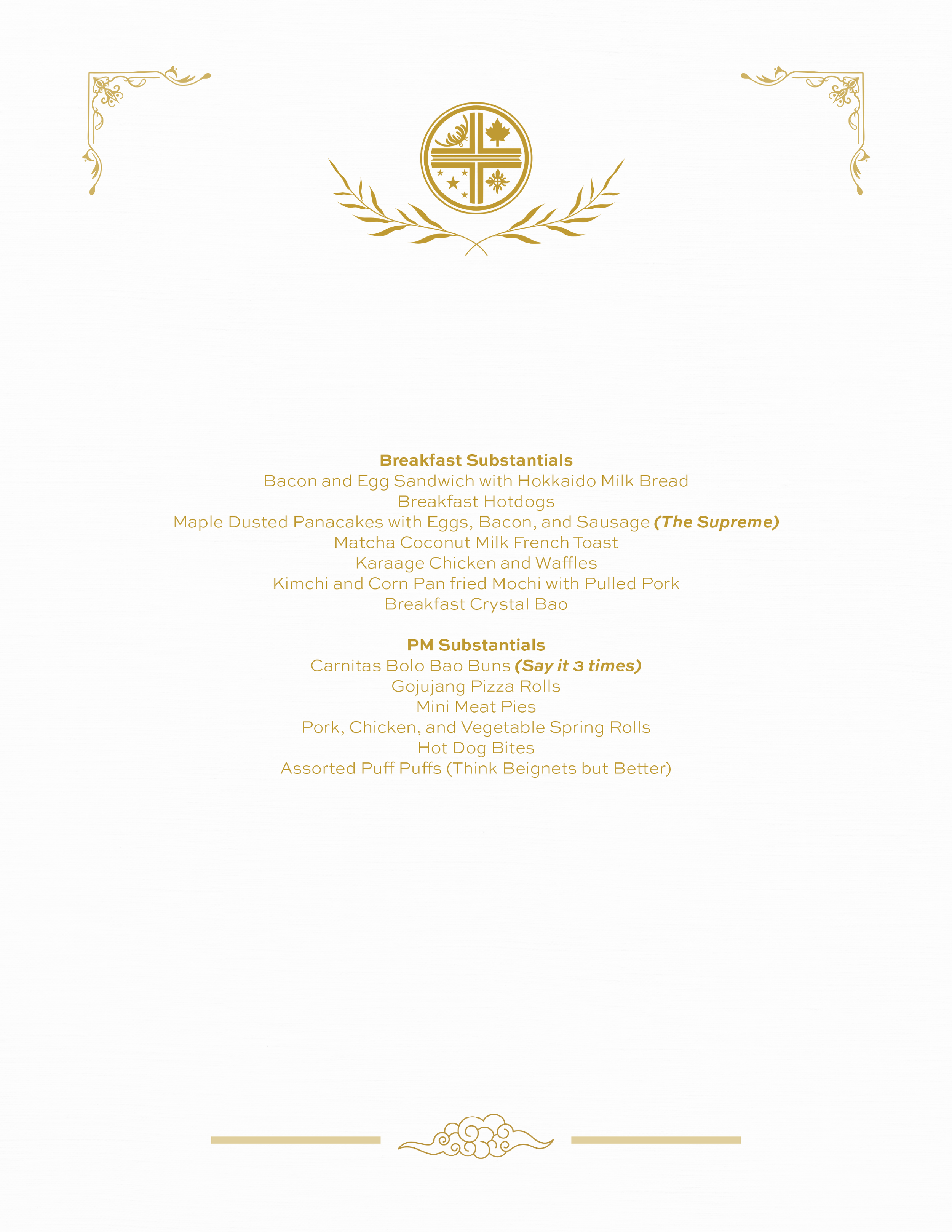 A menu for a breakfast and brunch restaurant with gold decorative elements, including a crest at the top, and a list of food items.