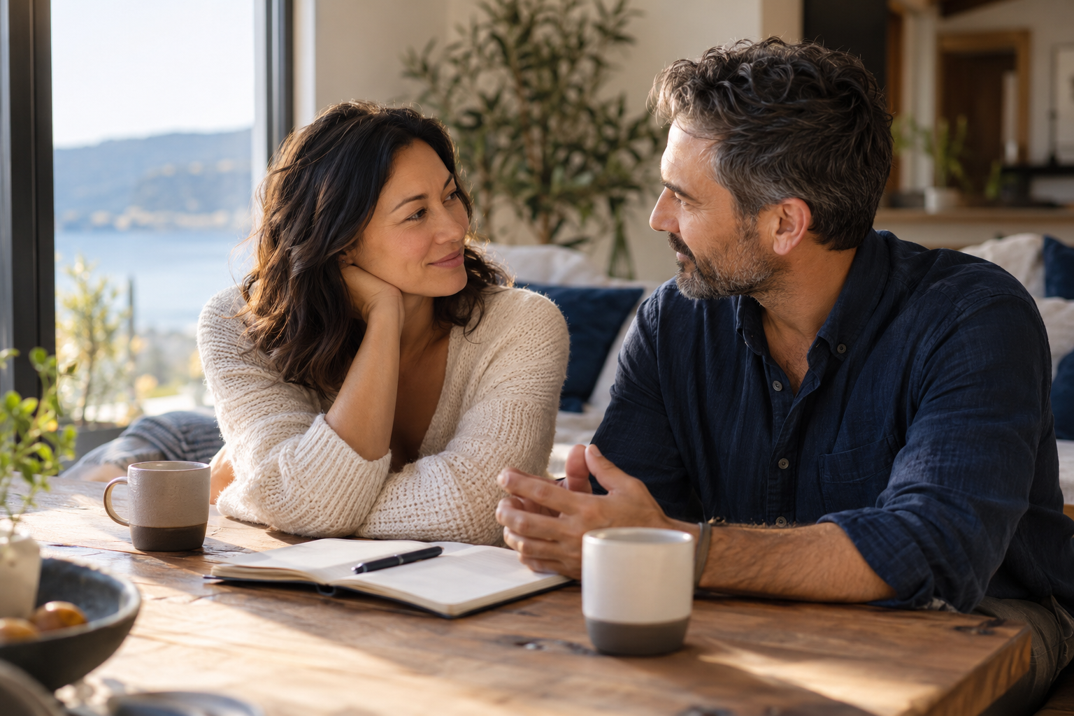 Couple discussing shared values, relationship vows, and their future together