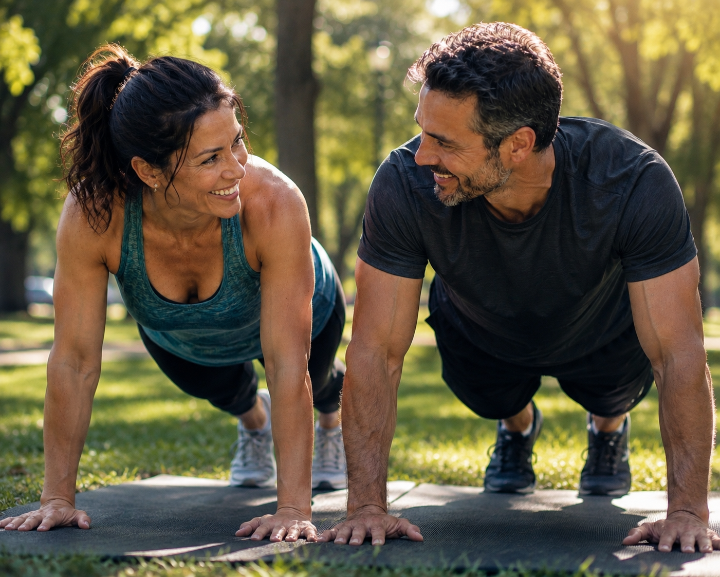 A middle-aged woman and man doing push-ups together outdoors in a park, smiling and looking at each other.