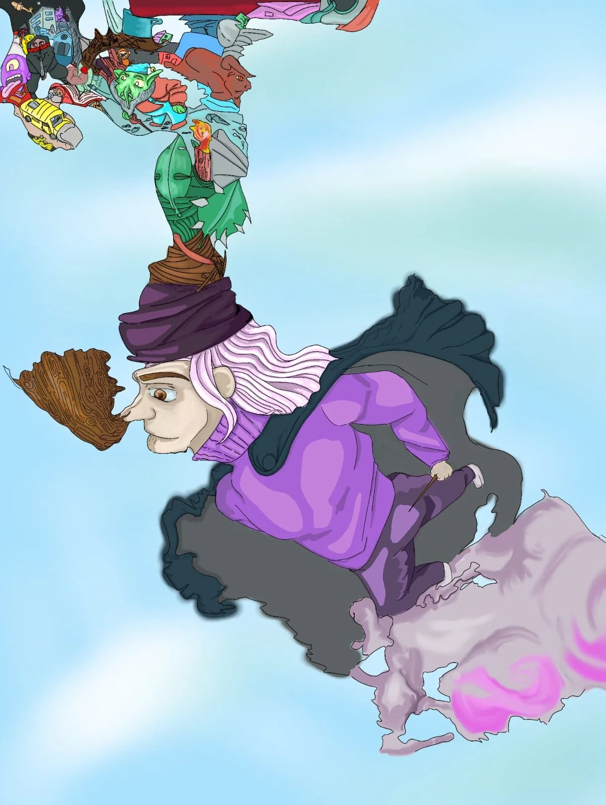 Ilustração de uma bruxa com cabelo roxo, vestida com roupa roxa, voando em uma vassoura em direção a uma cidade fantasiosa no céu, com várias criaturas e edifícios coloridos ao fundo.