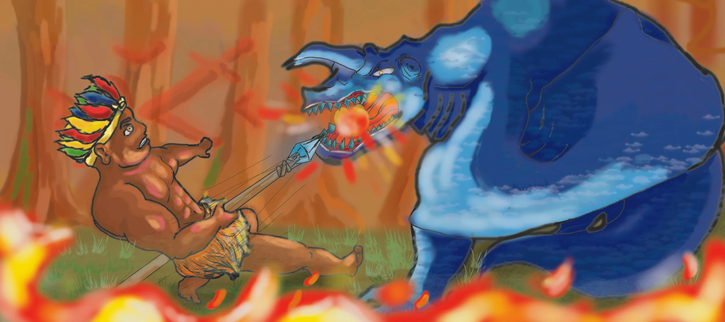 Ilustração de um guerreiro indígena lutando contra um dragão azul em uma floresta, com fogo ao redor.