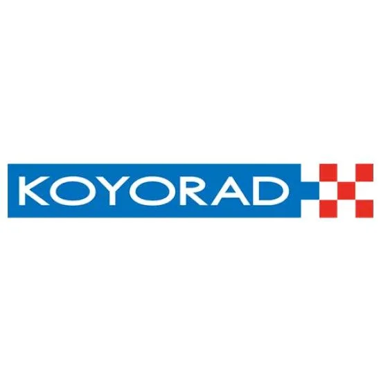Koyorad logo with blue text and red checkered square design.