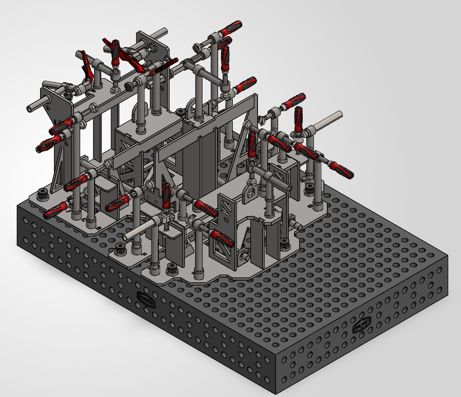 Modèle technique de structure mécanique monté sur une plaque perforée, avec plusieurs vis, supports et éléments de fixation.