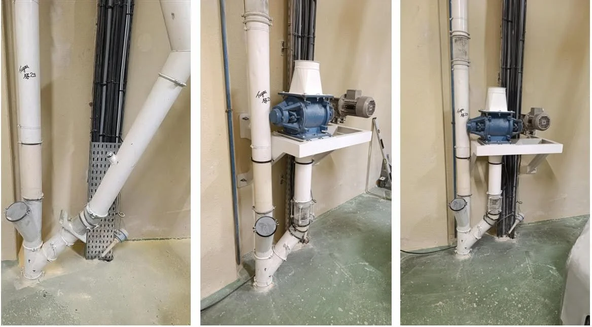 Montage de trois images montrant des tuyaux en PVC blanc et une machine équipée d'un moteur électrique, probablement pour la ventilation ou l'aspiration, dans une pièce avec un mur beige et un sol en béton.