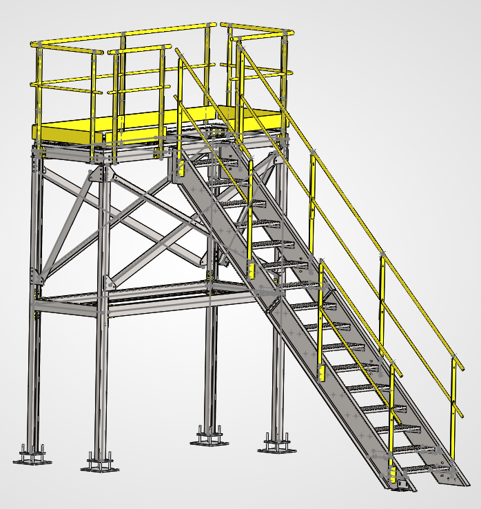 Passerelle, Structure métallique avec escaliers en extérieur, plateforme entourée de garde-corps jaunes.