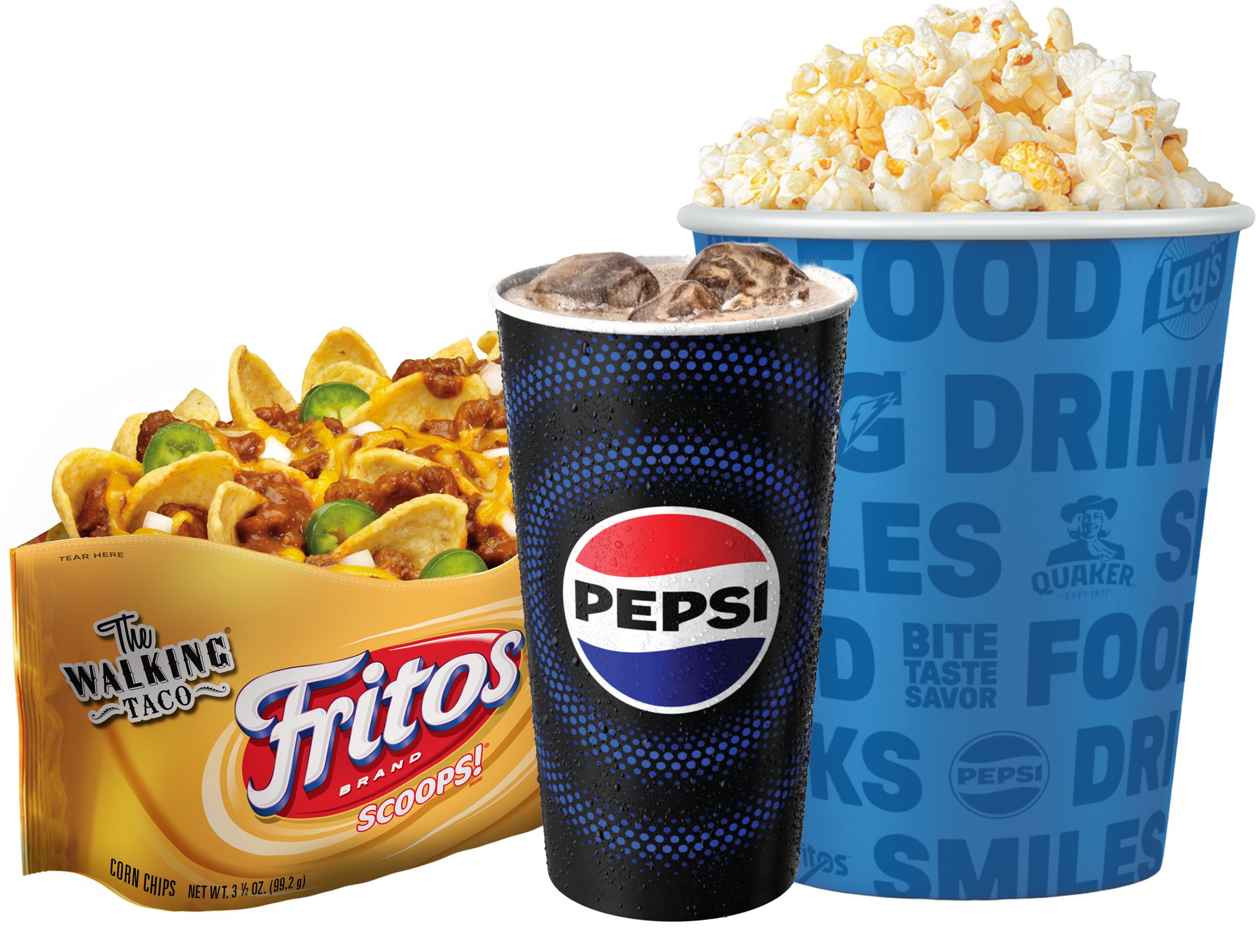 A large bucket of popcorn, a container of nachos with cheese and jalapenos, a cup of Pepsi soda, and a large cup of ice. Food items are from fast food or snack brands.