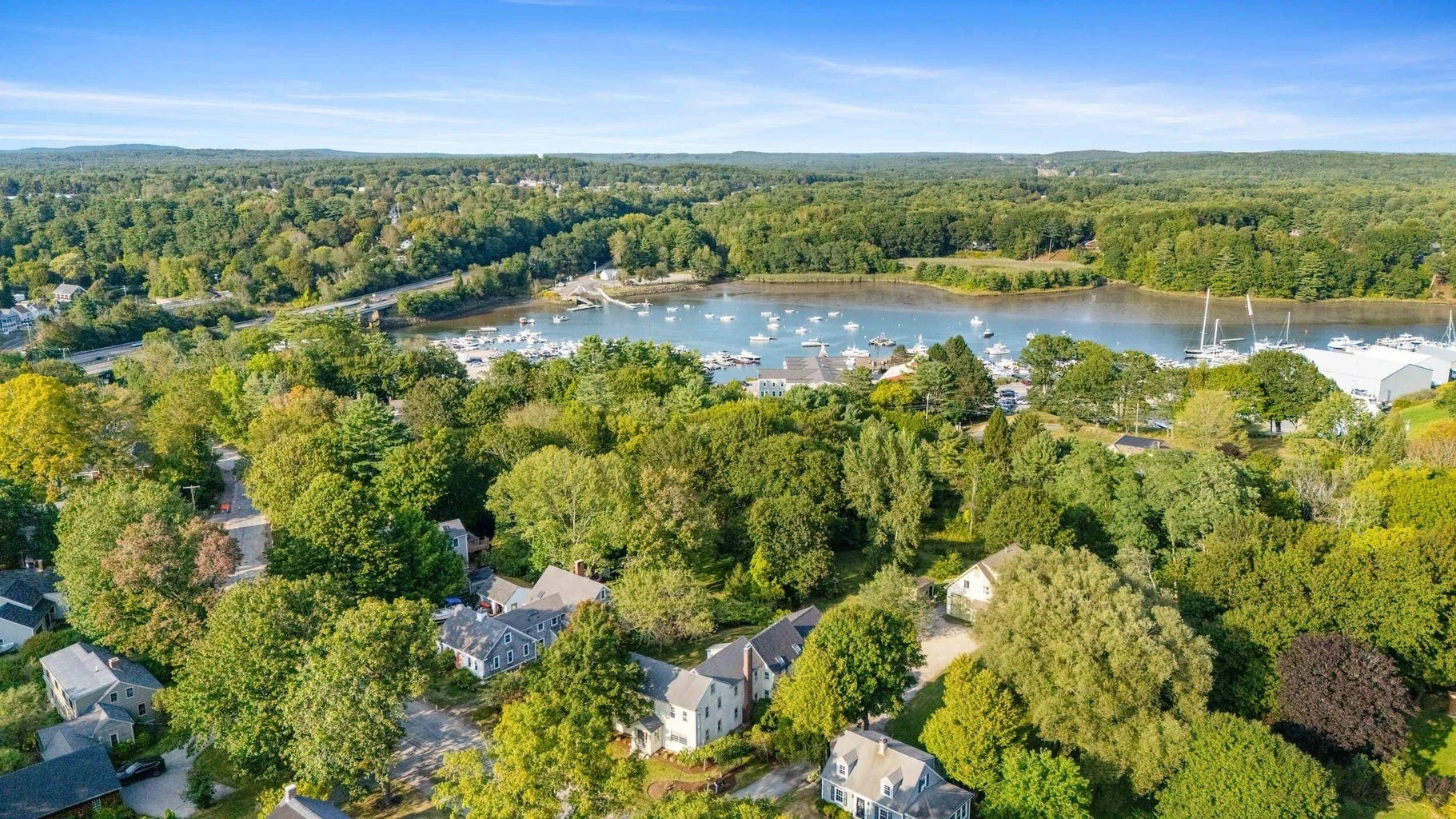 Aerial view of a small town near a body of water with boats, surrounded by green trees and houses.