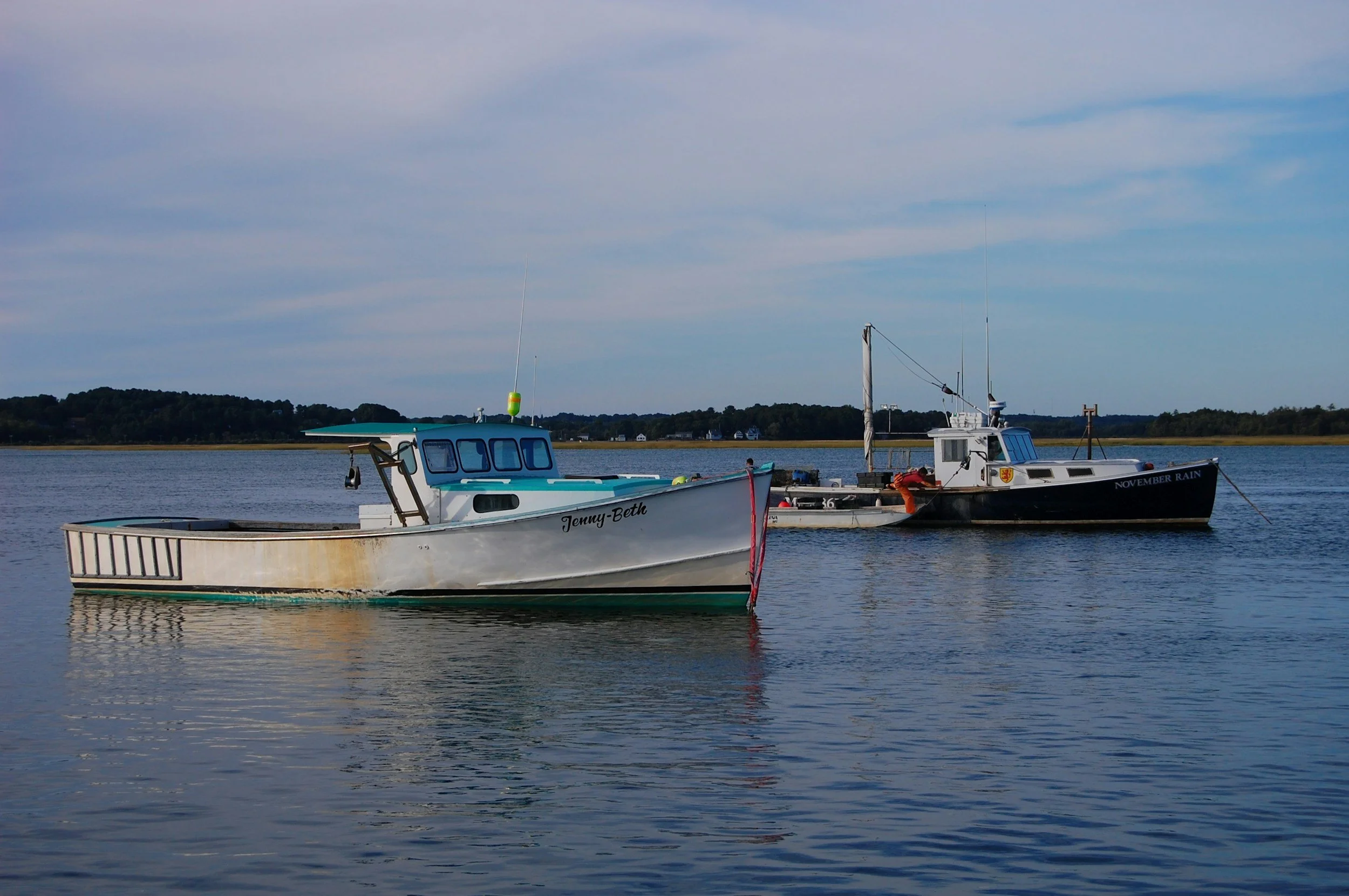 Two boats floating on calm water with a distant shoreline and cloudy sky in the background.