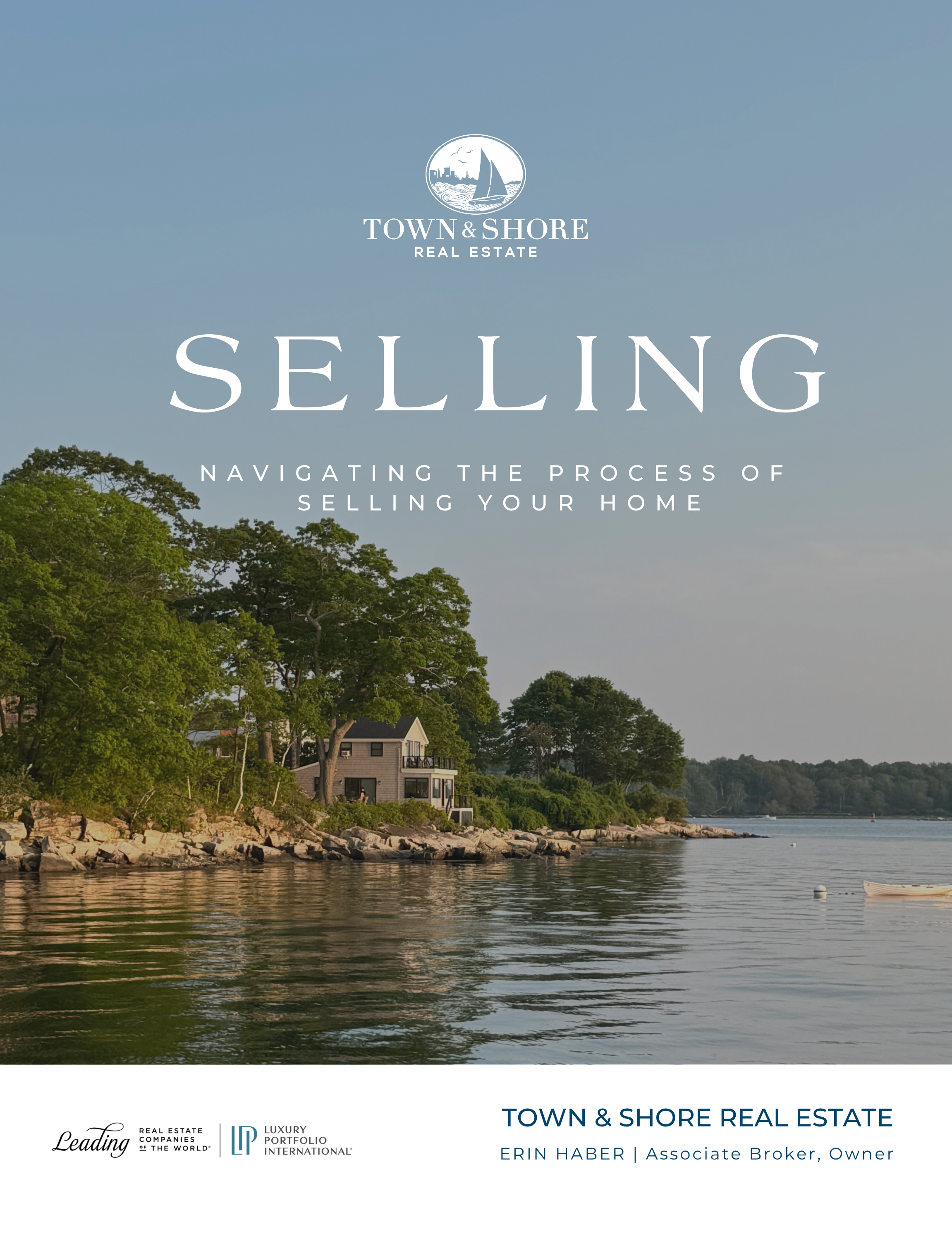 A scenic view of a lakeside home with trees, rocks, and water, and a boat in the water, with a promotional overlay for Town & Shore Real Estate.