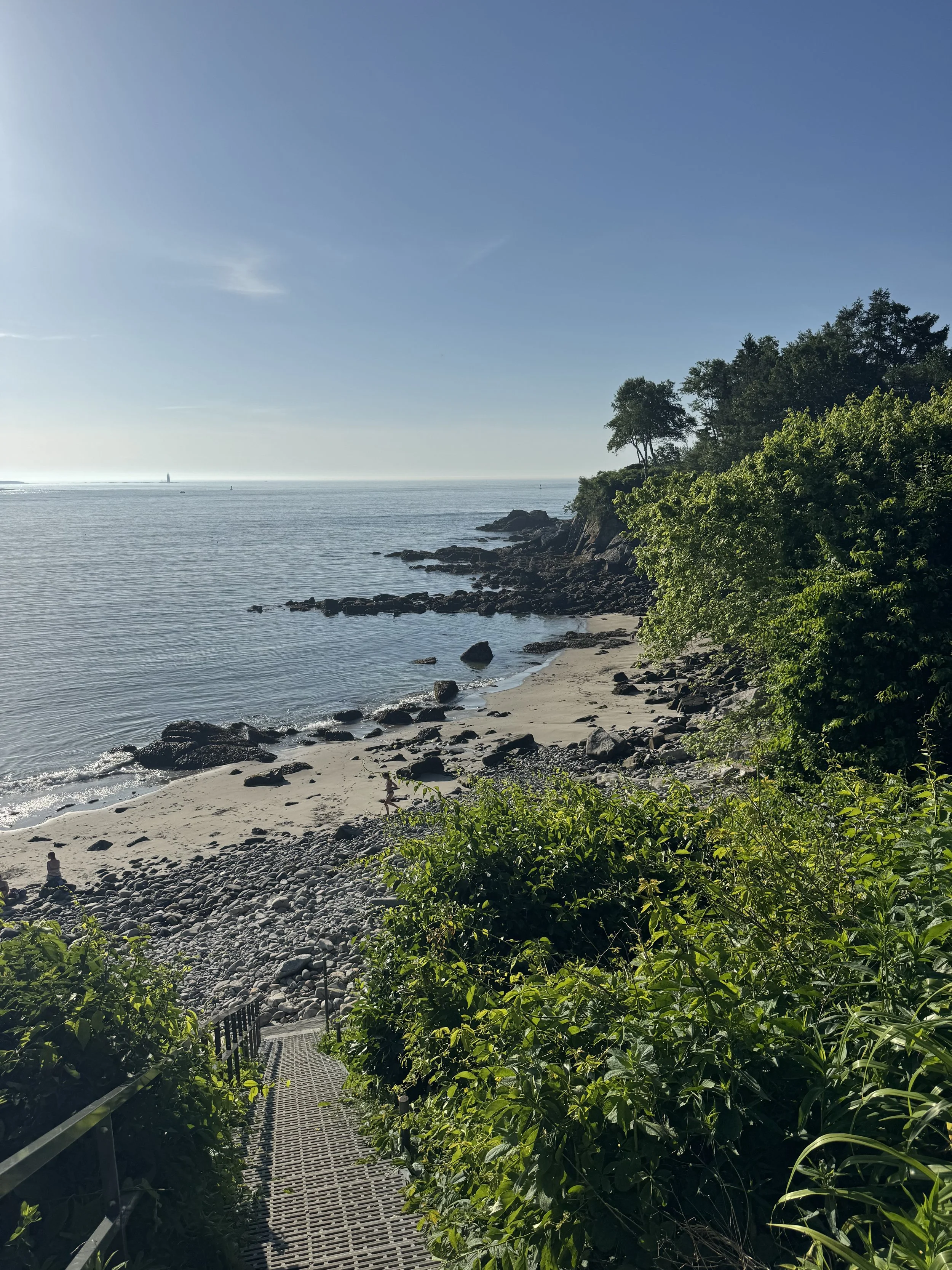 A pathway leading down to a rocky beach with greenery on the sides, calm water, and a distant lighthouse on the horizon.
