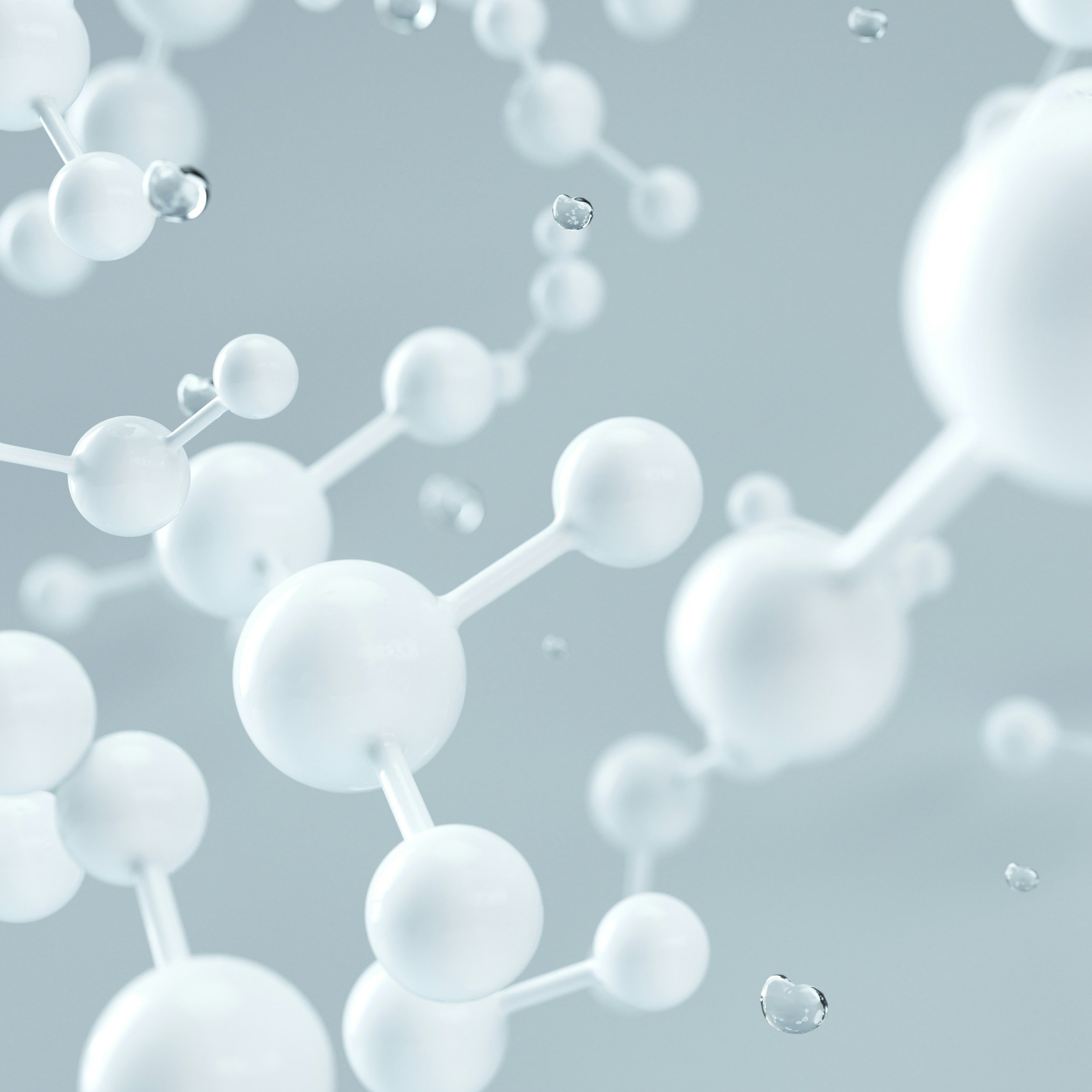 Digital illustration of a molecular structure with white spheres connected by rods, representing atoms and bonds, on a light gray background.