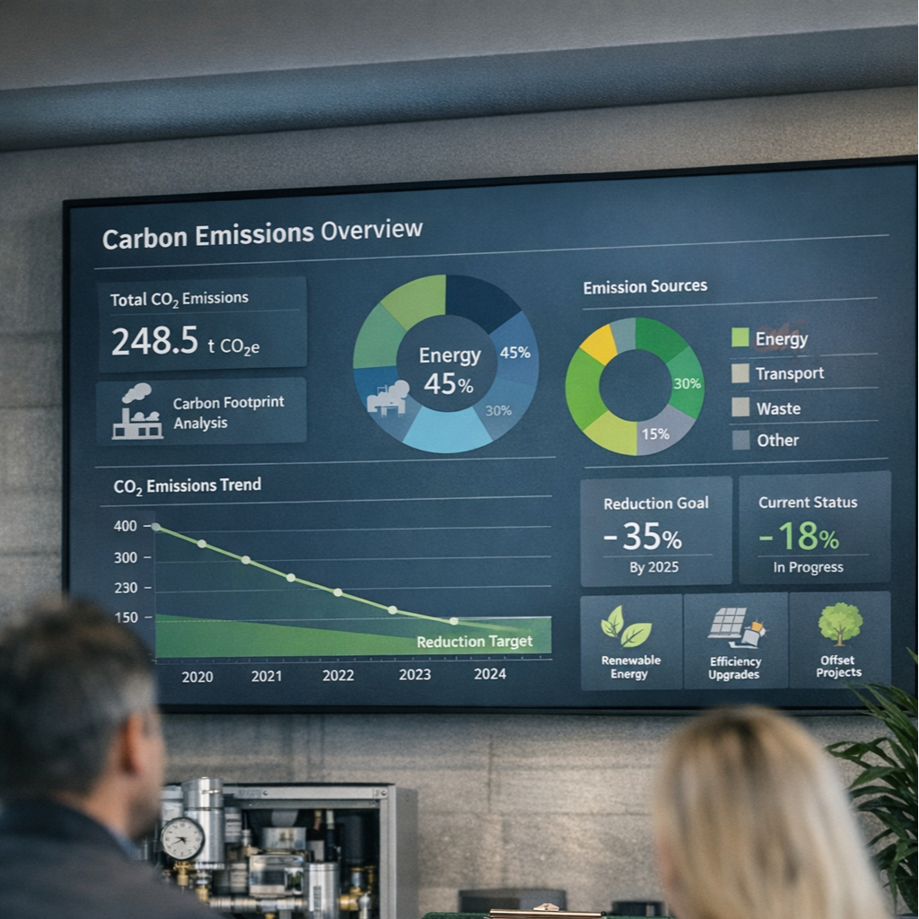 Skærm, der viser en oversigt over CO2-udslip og reduktionsmål med diagrammer og statistikker, samt ikoner for fornybar energi, energieffektivitet og Offset-projekter.
