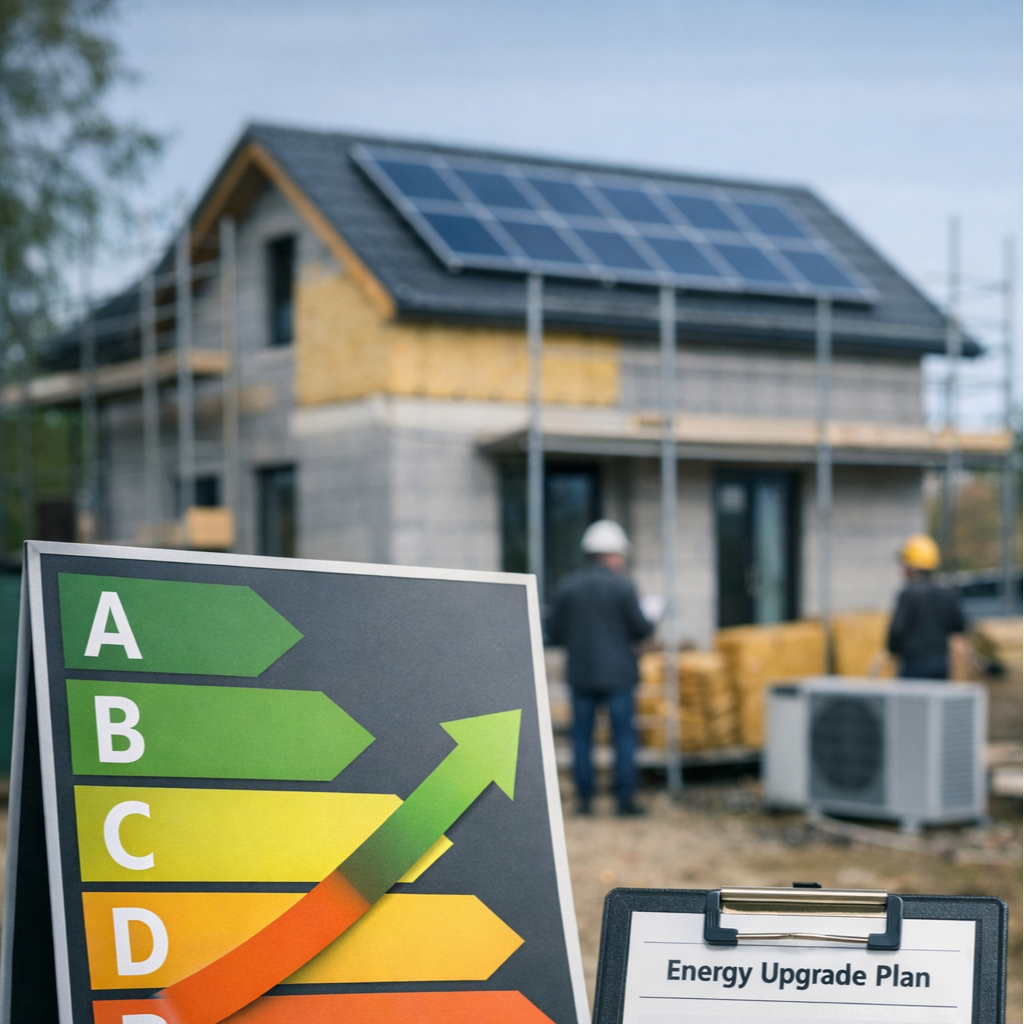 Et hus under opførelse med solpaneler på taget, og energimærkekort og energiforbedringsplan i forgrunden. To personer iført hjelme står foran huset.