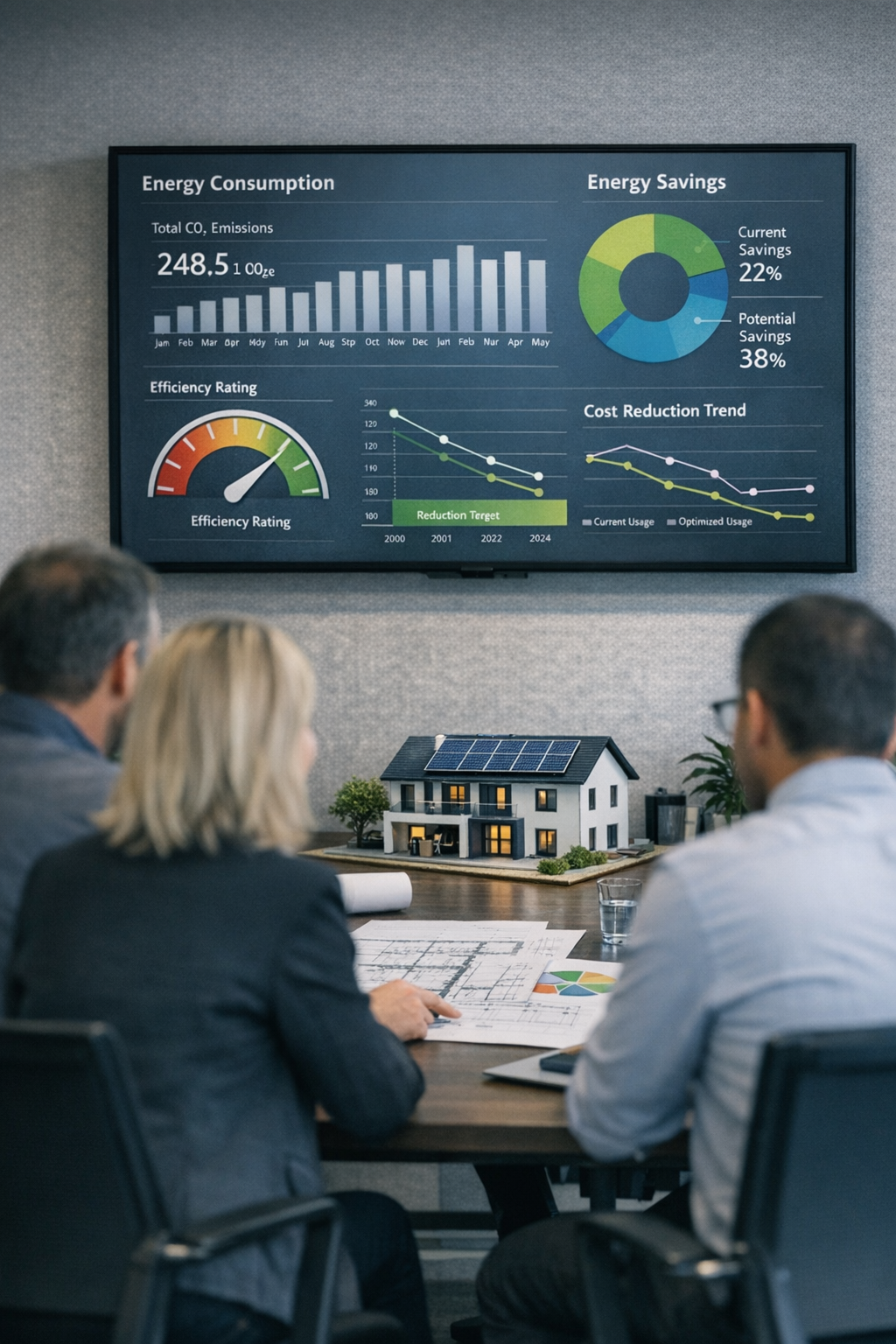 Et møde med tre personer, der sidder ved et bord med en model af et hus med solceller, mens der vises en skærm med diagrammer og grafer om energiforbrug og energibesparelse.