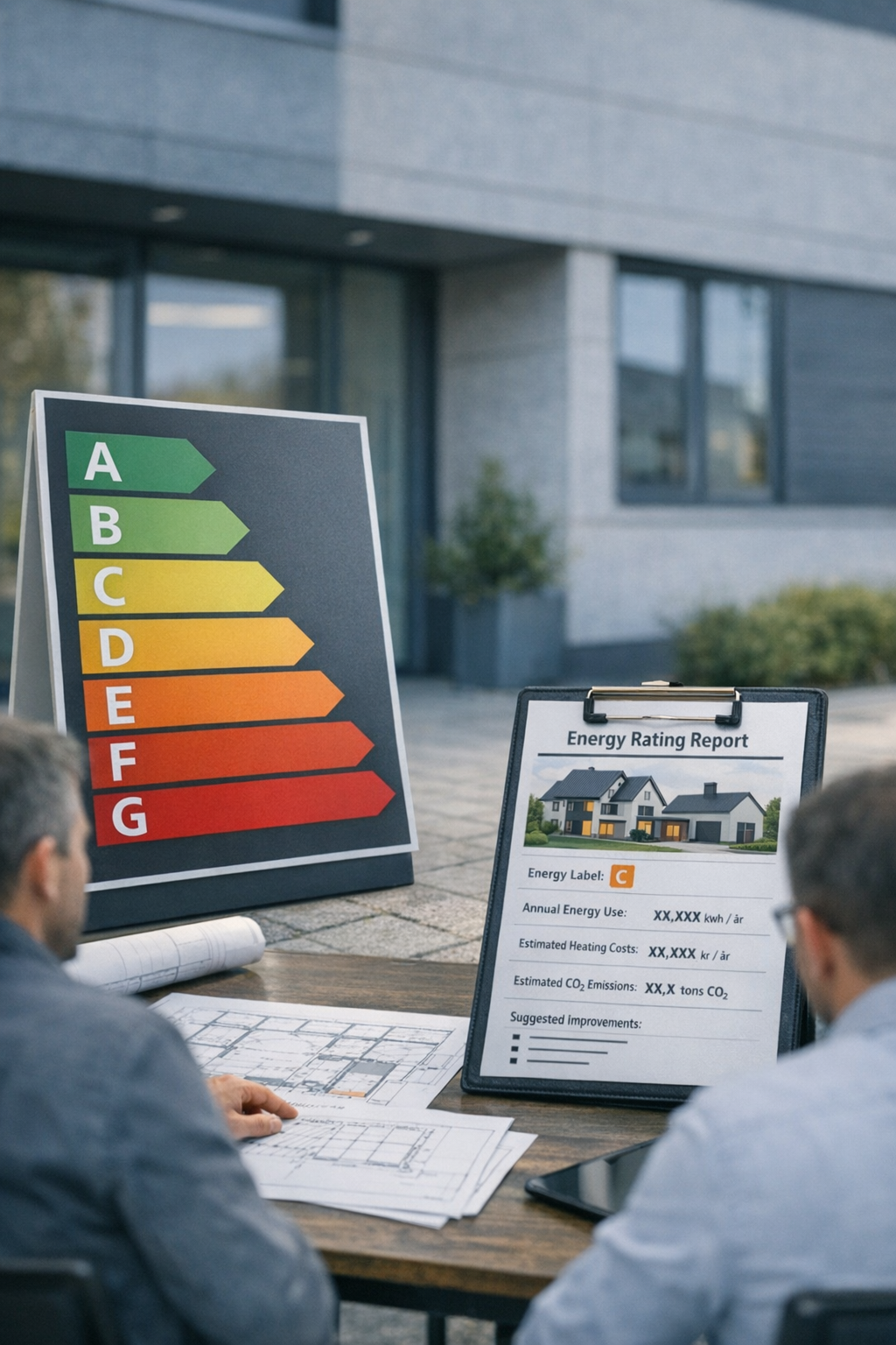 Et bord med energimåle og en energirapport foran to personer, der sidder og gennemgår dokumenter.