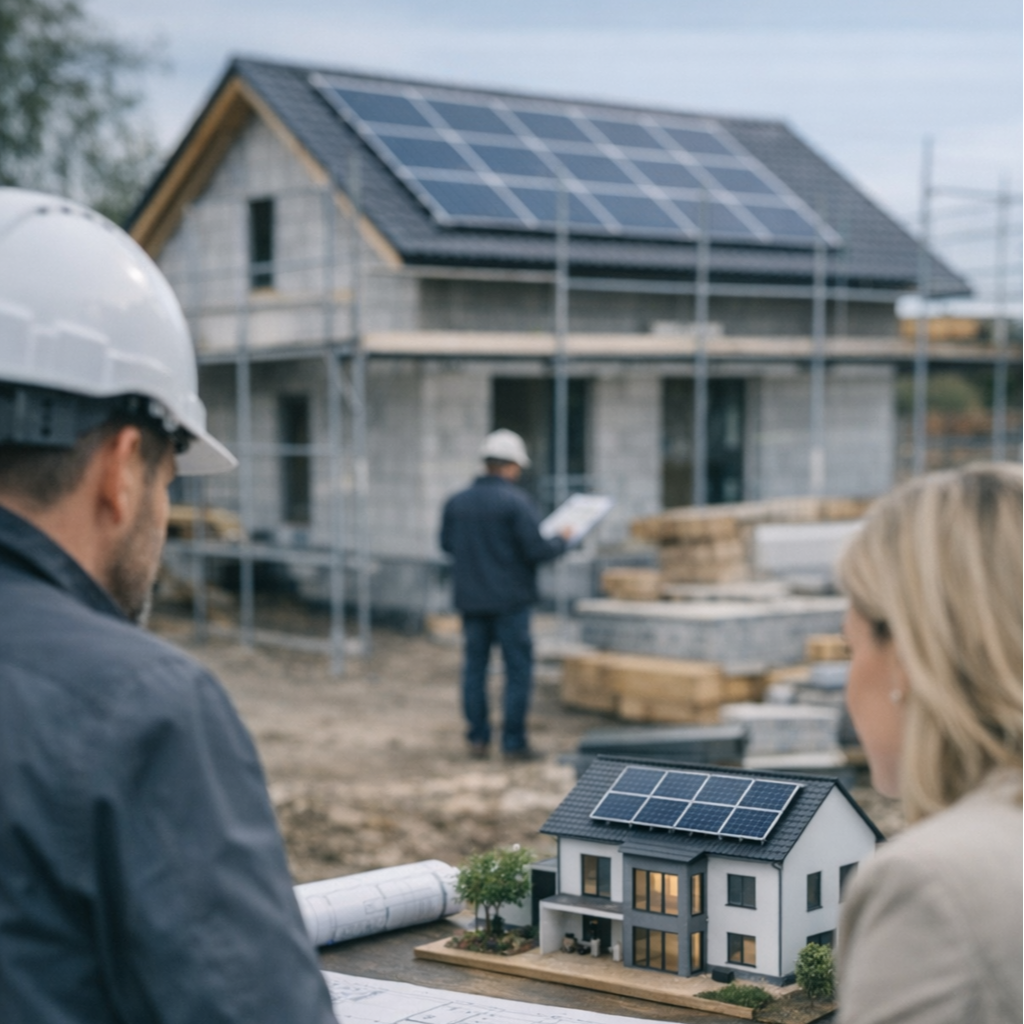 To personer med hårdehjelme ser på en skalen model af et hus med solcellepaneler, mens der er en byggeplads i baggrunden og et rigtigt hus med solpaneler på taget.