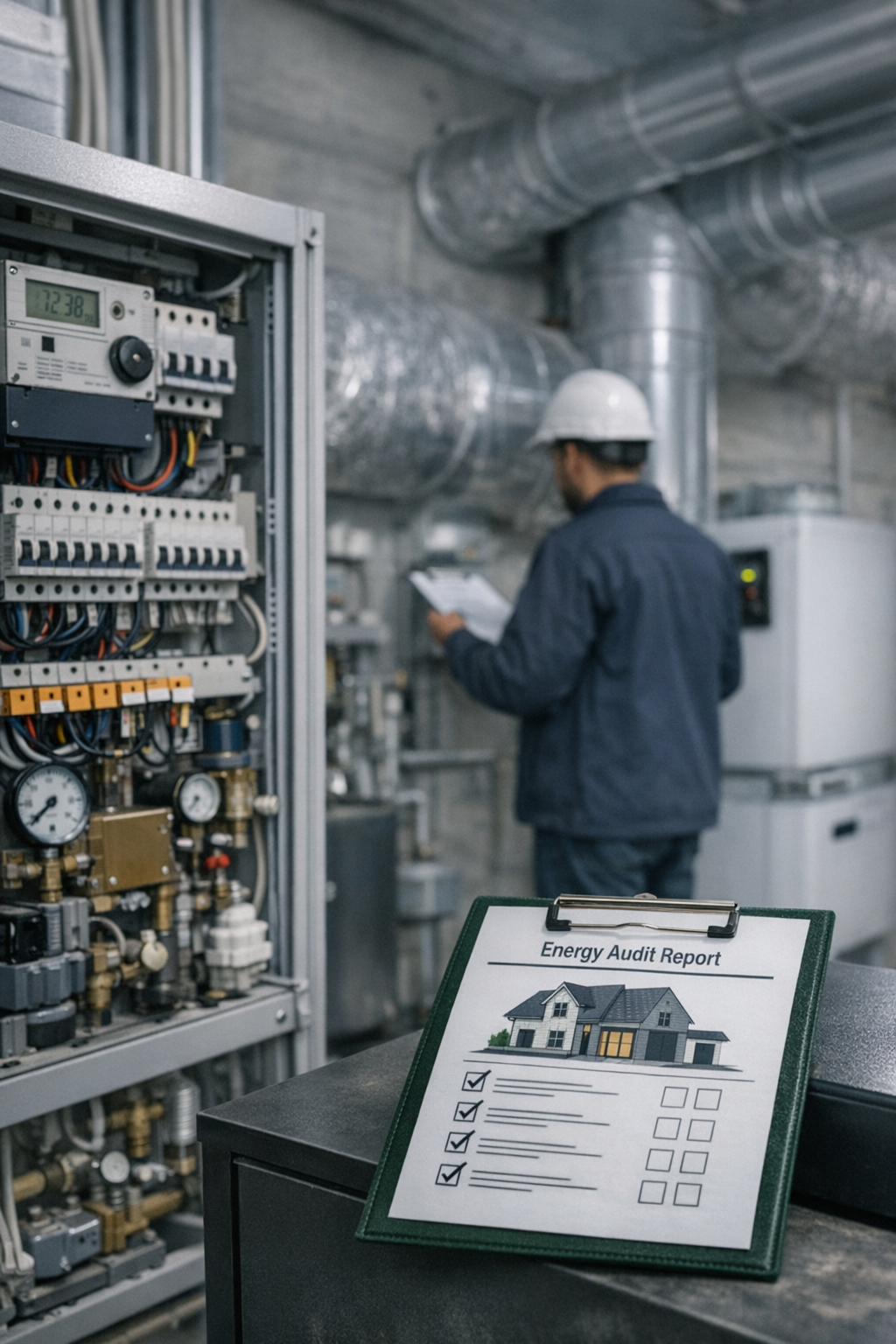 En energirevisor, iført hjelm, arbejder i en teknisk industri med overvågning af elektroniske apparater, med en energirapport på bordet i forgrunden.