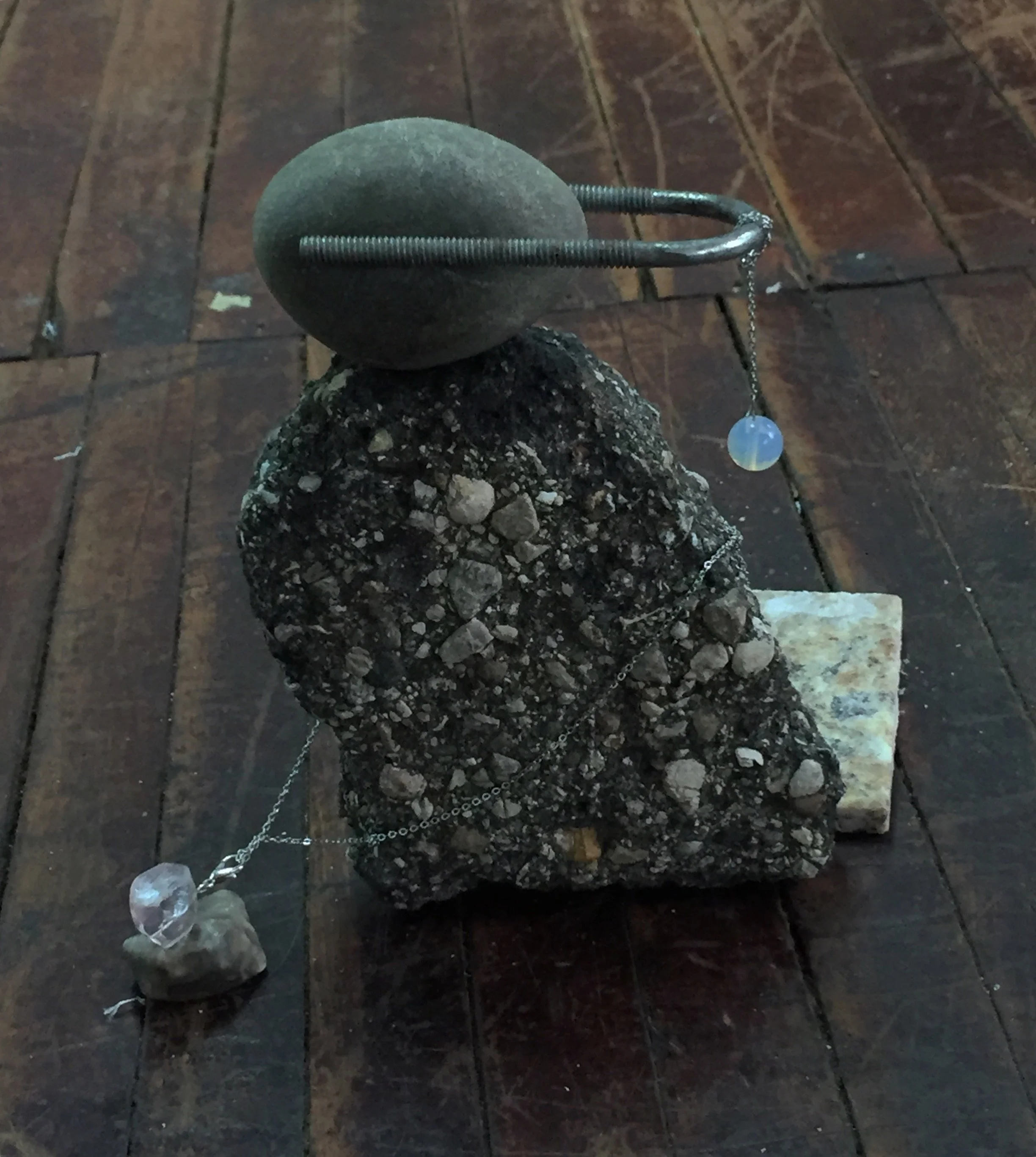 "collecting on assemblages"
/
rock, chunk of the street, stone tile, opalite bead, chain, flourite bead, petoskey stone, lobster clasp, jumprings, found metal hardware
/
(2019)
/
Dimensions variable