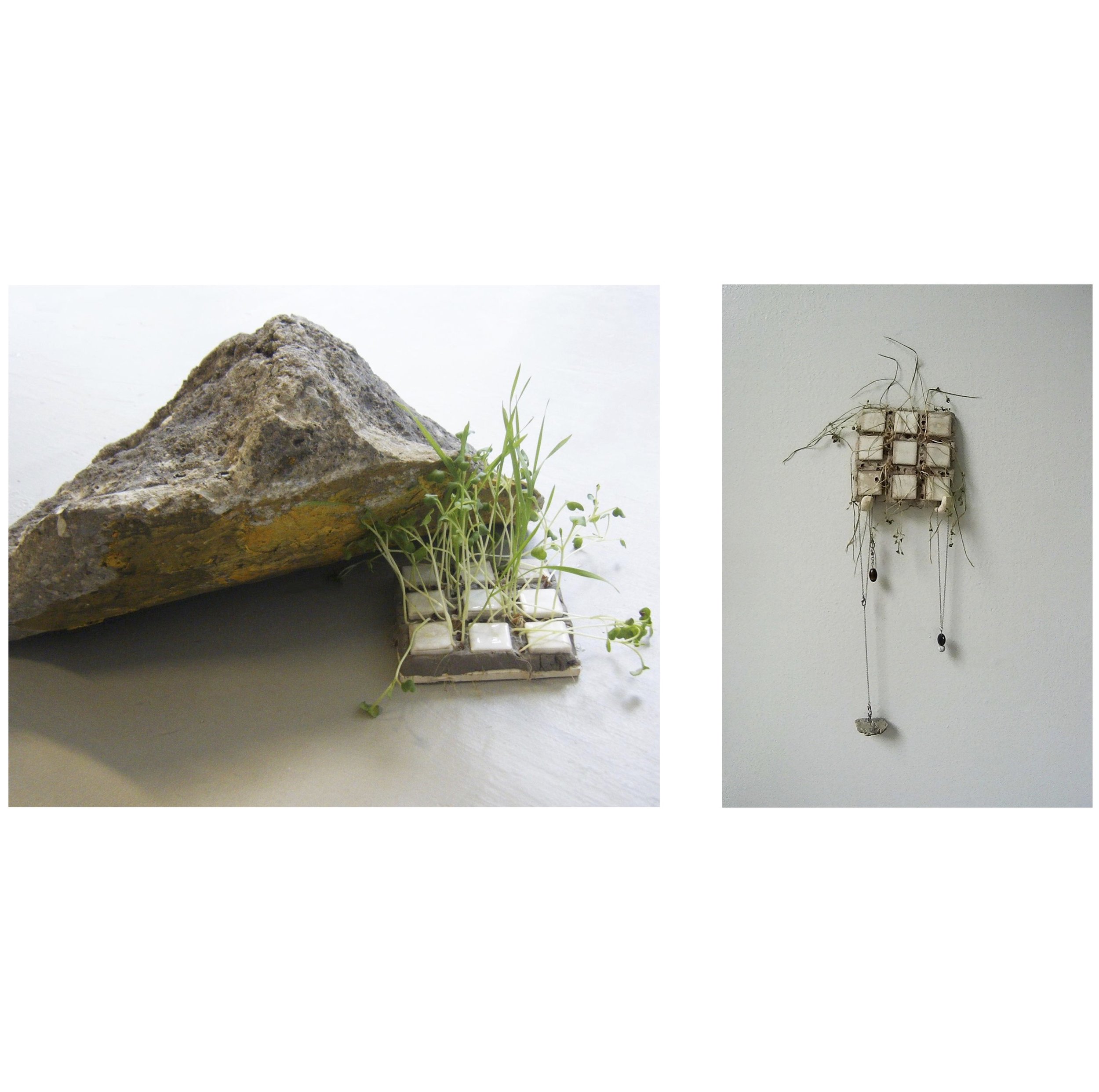 "Something about adaptability"
/
found square tiles, clay, curb, tiger’s eye bead, howlite bead, onyx bead, chain, lobster clasps, jump rings
/
(2019)
/
Dimensions variable