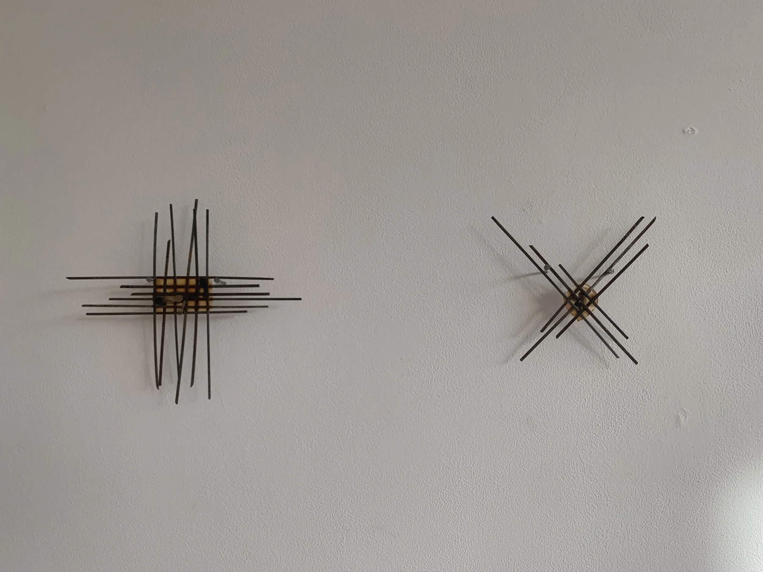 "occur to me or summon an occurrence of something’s" 
/ pressed rose petal, pressed lilac bloom, mod podge, street sweeper bristles, samara seed, packing tape, four nails, street sweeper bristles 