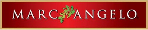 Logo for Marc Angelo featuring red background and green olive branches.