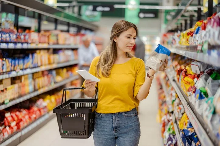 A woman with a yellow shirt and jeans shopping for snacks in a supermarket aisle, holding a bag of chips and a shopping list with a shopping basket hanging from her arm.