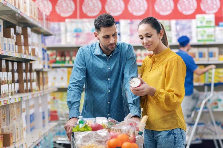 A man and woman shopping in a grocery store, looking at a product, with a shopping cart filled with groceries.