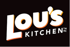 Logo for Lou's Kitchen with white and orange text on a black background.