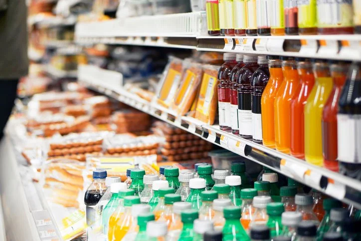 A grocery store shelf stocked with bottled drinks and other food products.
