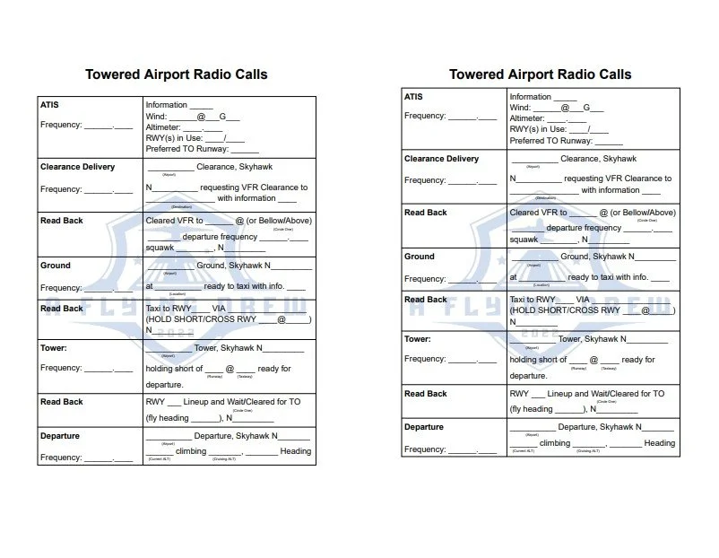 Towered Airport Radio Call Sheet - Knee Board