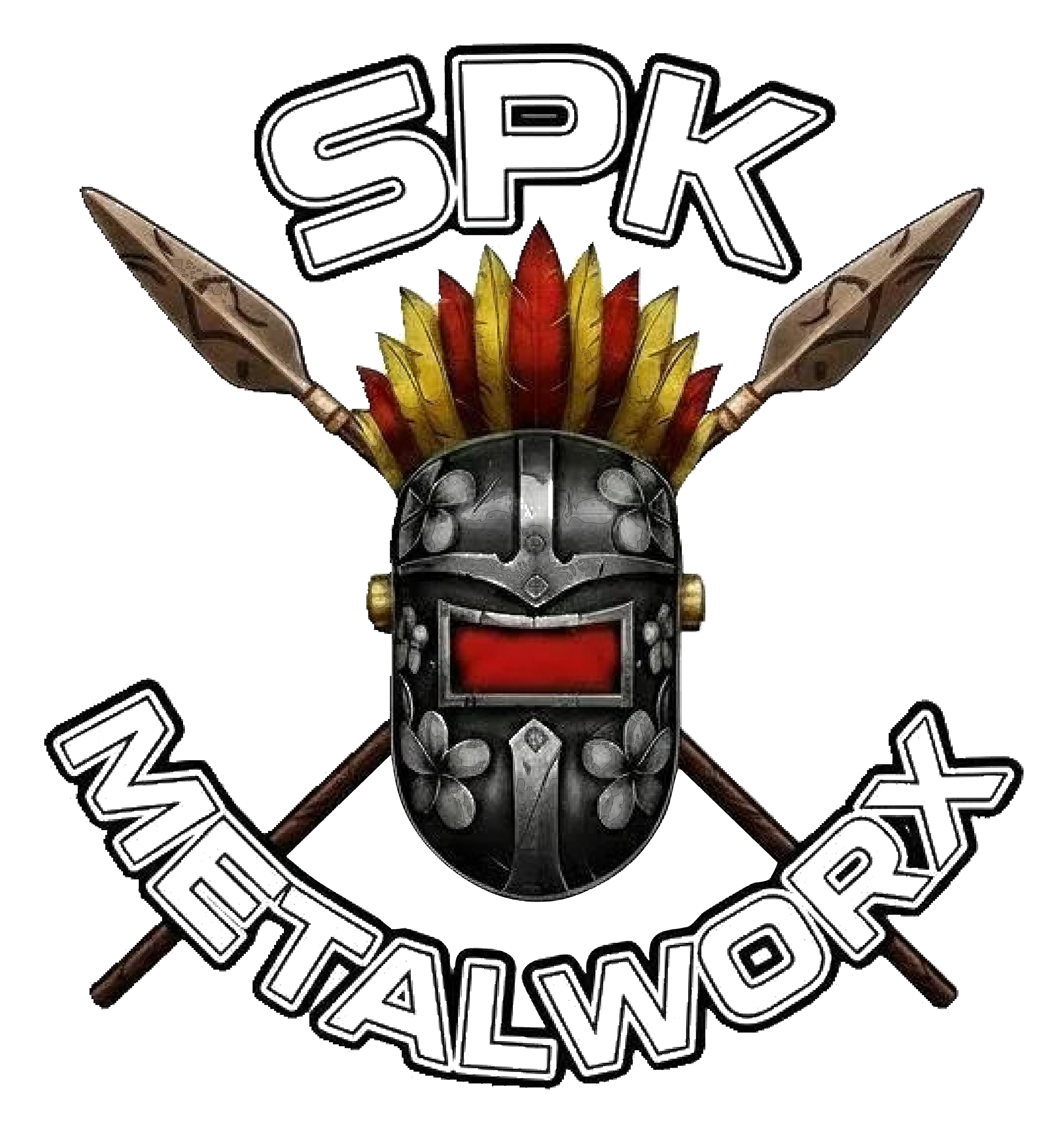 Illustration of a Polynesian themed welding hood with the word "SPK" above it and additional stylized text around it.