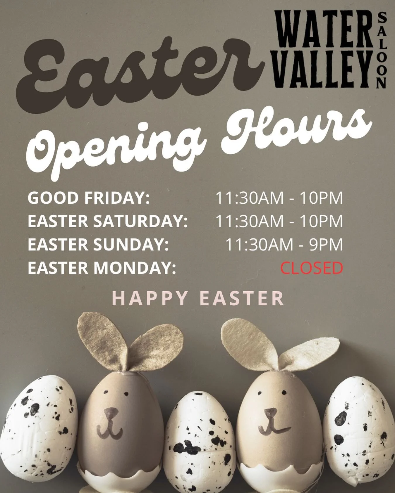 🐰 UPDATED HOURS 🐰 Due to weather conditions and a few staff not being able to make it to work we will be closed today! Sorry for the inconvenience and hope everyone has a great Easter!! 
  Good Friday
11:30 AM &ndash; 10 PM

Easter Saturday
11:30 A