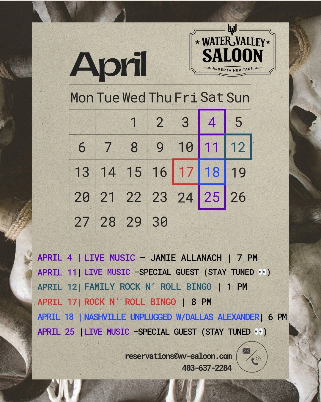 🍻🐰 April at Water Valley Saloon

Spring is rolling in and we&rsquo;ve got a great lineup of music, bingo, and (of course) midweek wing nights this month!

APRIL 4
🎶 Live Music with Jamie Allanach
⏰ 7 PM

APRIL 11
🎶 Live Music &mdash; Special Gues