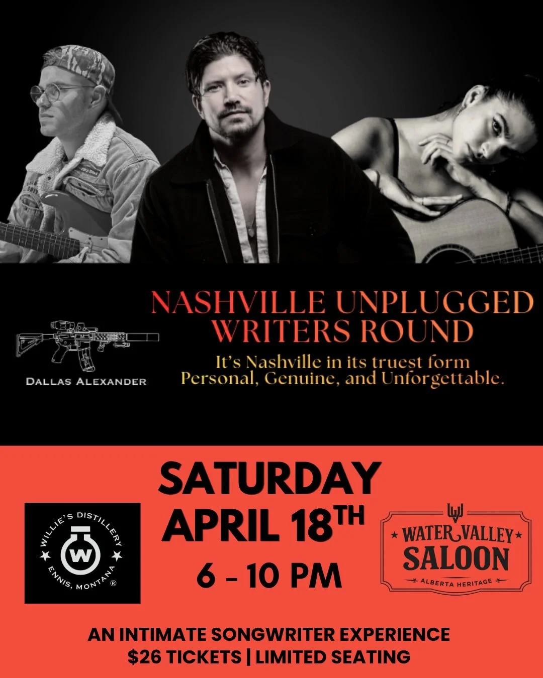 🚨 REVEAL TIME 🚨

Dallas Alexander is coming to Water Valley Saloon 🎶

Join us for a Nashville Writers Round led by Dallas Alexander, featuring Velvet Ellis and Jackson Nance.

An intimate night of music, stories, and the songs behind them &mdash; 