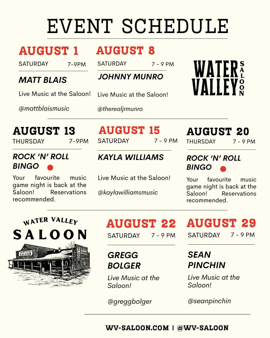 ☀️ August is packed with great nights at the Saloon! 🎉

🎸 Live Music every Saturday &bull; 7&ndash;9 PM
🎤 Rock N' Roll Bingo is BACK on select Thursdays!

Good food, cold drinks, live entertainment, and our dog-friendly patio&mdash;what more could