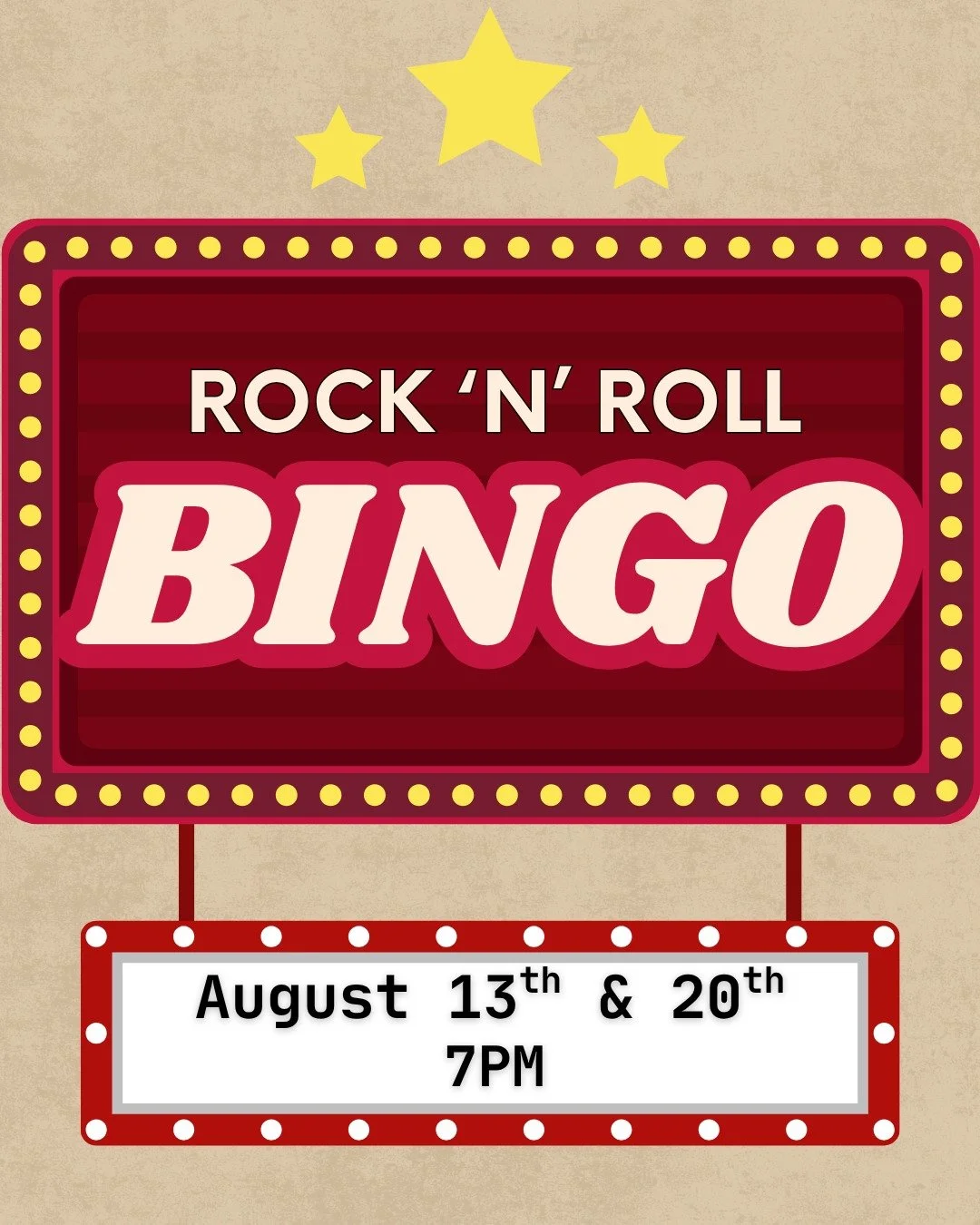 🎤 ROCK N' ROLL BINGO 🎤

Your favourite music game night is back! 🎶

📅 August 13 &amp; 20
🕖 7:00 PM

Listen for the songs, mark your card, sing along, and win prizes! No bingo experience (or singing ability 😉) required.

Grab your crew, enjoy di