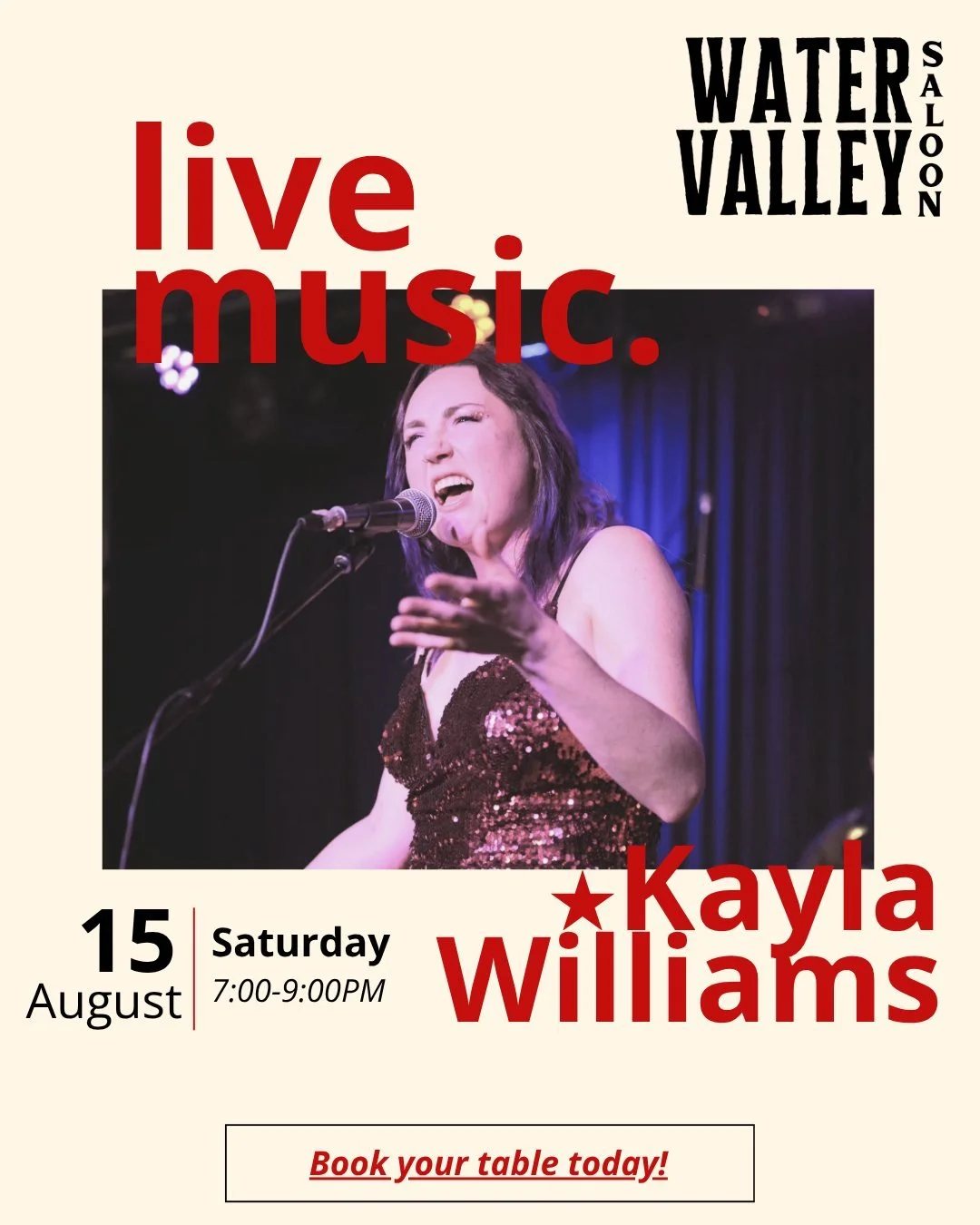 🎶 LIVE MUSIC &bull; SATURDAY, AUGUST 15 🎶

Spend your Saturday night with us as Kayla Williams takes the stage from 7&ndash;9 PM!

A Calgary-based singer-songwriter with soulful vocals and feel-good grooves, Kayla blends modern pop with timeless in