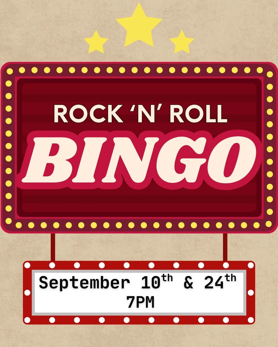 🎤 ROCK N' ROLL BINGO 🎶

Two more nights coming up this September!

📅 September 10th &amp; 24th
🕖 7:00 PM

Listen for the songs, mark your card, sing along, and win prizes! 🎶

Grab your crew, come early for dinner and drinks, and stick around for