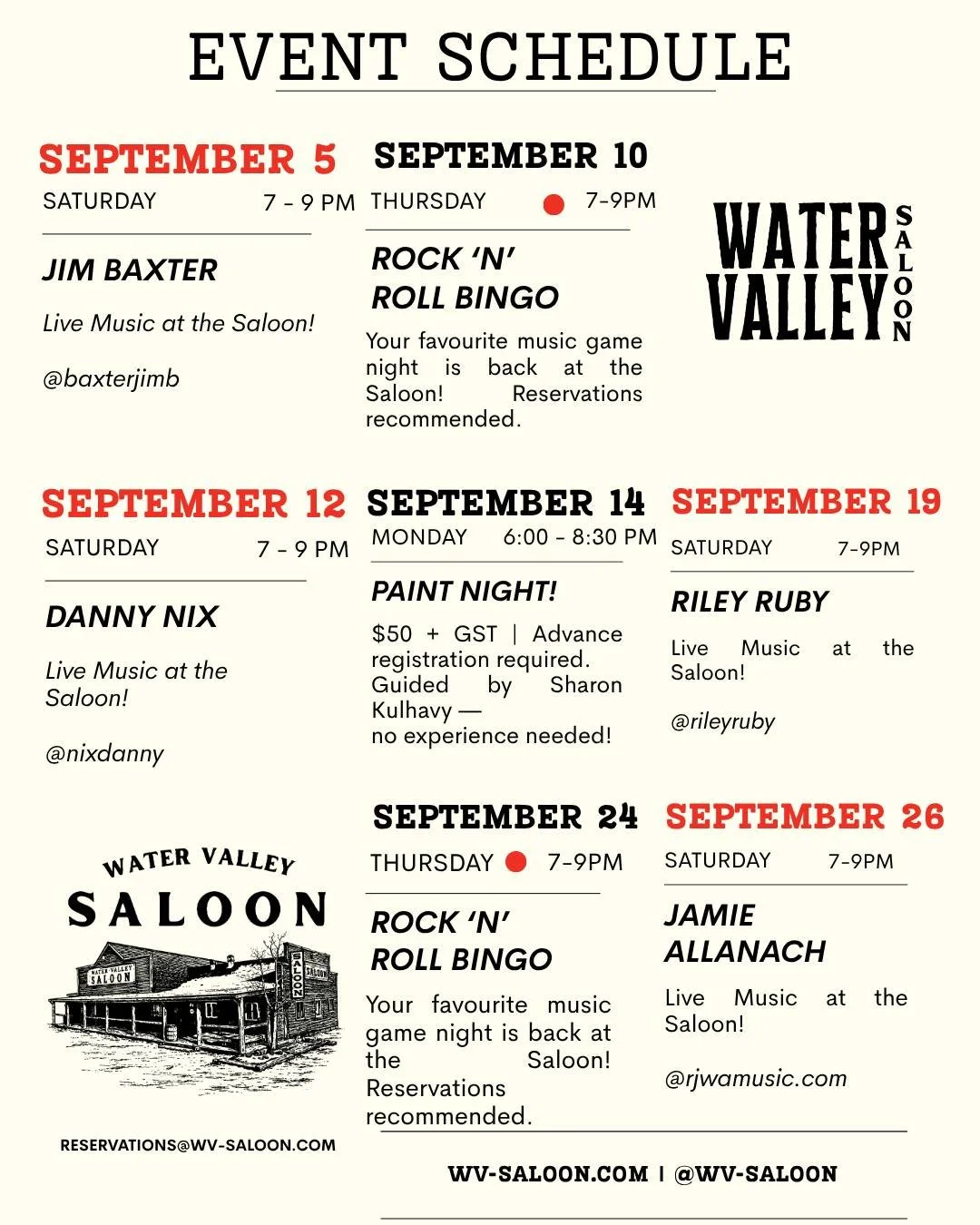 September at the Saloon 🍂🍻

Live music, Rock &lsquo;N&rsquo; Roll Bingo + Paint Night &mdash; lots happening around here this month!

🎵  Sept 5 &mdash; Jim Baxter
🎸 Sept 10 &mdash; Rock &lsquo;N&rsquo; Roll Bingo
🎵  Sept 12 &mdash; Danny Nix
🎨 