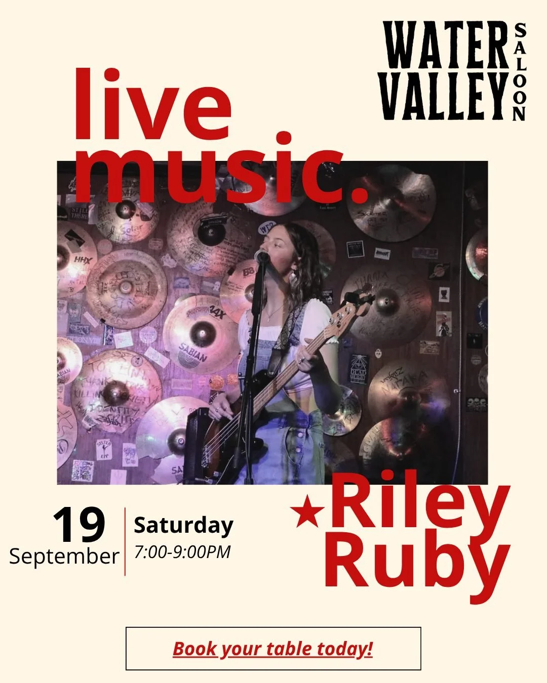 🎶 LIVE MUSIC SATURDAY 🎶

We&rsquo;re excited to welcome @rileyrubyy back to the Water Valley Saloon on Saturday, September 19!

Riley is a singer-songwriter bringing a mix of covers and original music to the stage. Originally a classically trained 