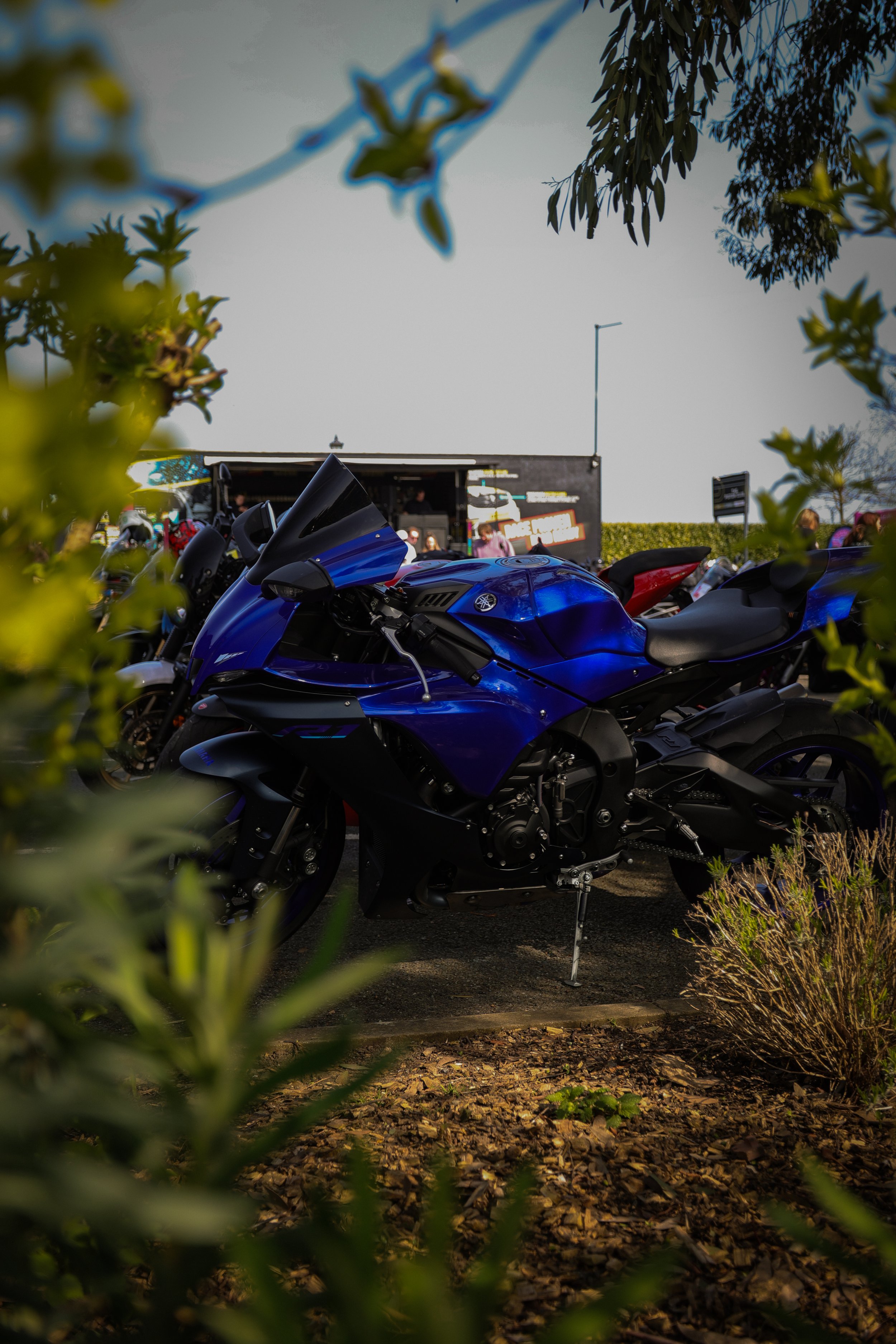 Blue Yamaha motorcycle parked among other bikes, viewed through green shrubs, with a black trailer and people in the background.