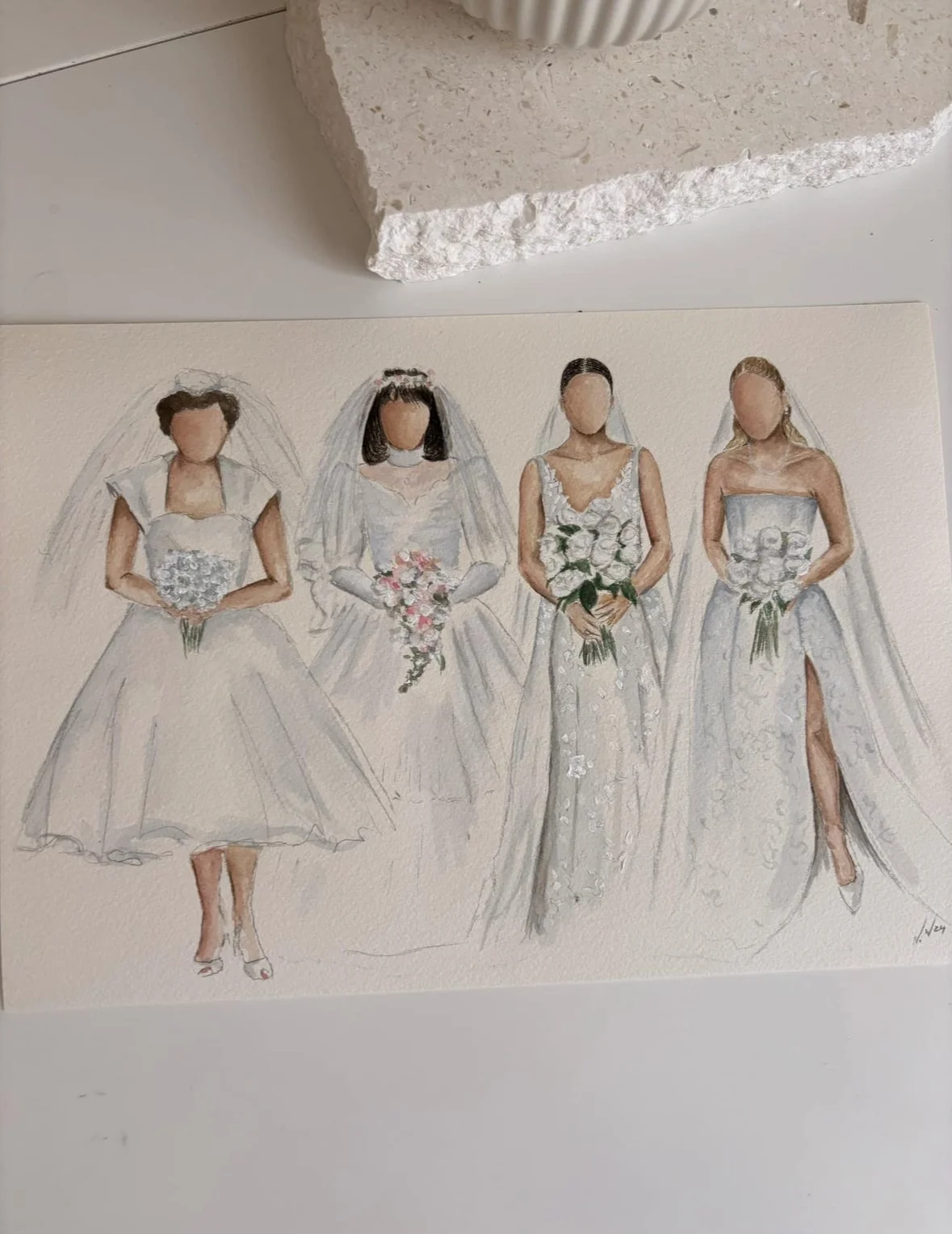 A watercolor painting of four women dressed as brides, each in a wedding gown and holding bouquets, with faces not detailed, against a neutral background.